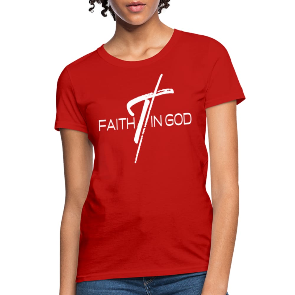 A stylish Women's T-shirt featuring a Faith In God graphic design, made from soft pre-shrunk cotton, perfect for casual wear.