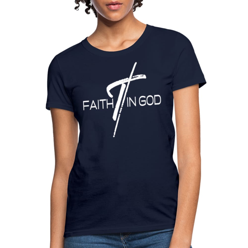 A stylish Women's T-shirt featuring a Faith In God graphic design, made from soft pre-shrunk cotton, perfect for casual wear.