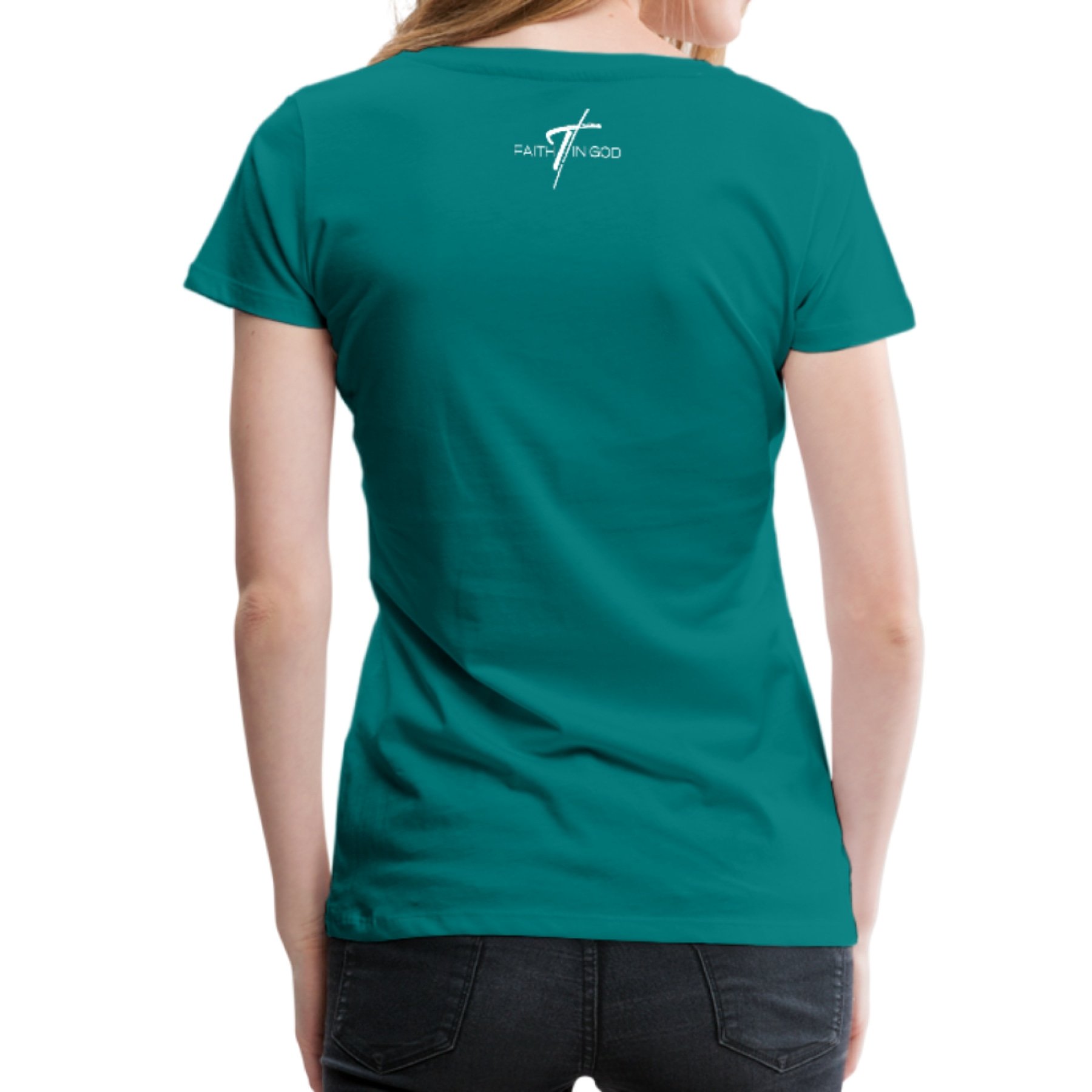 A stylish Women's T-shirt featuring a Faith In God graphic design, made from soft pre-shrunk cotton, perfect for casual wear.