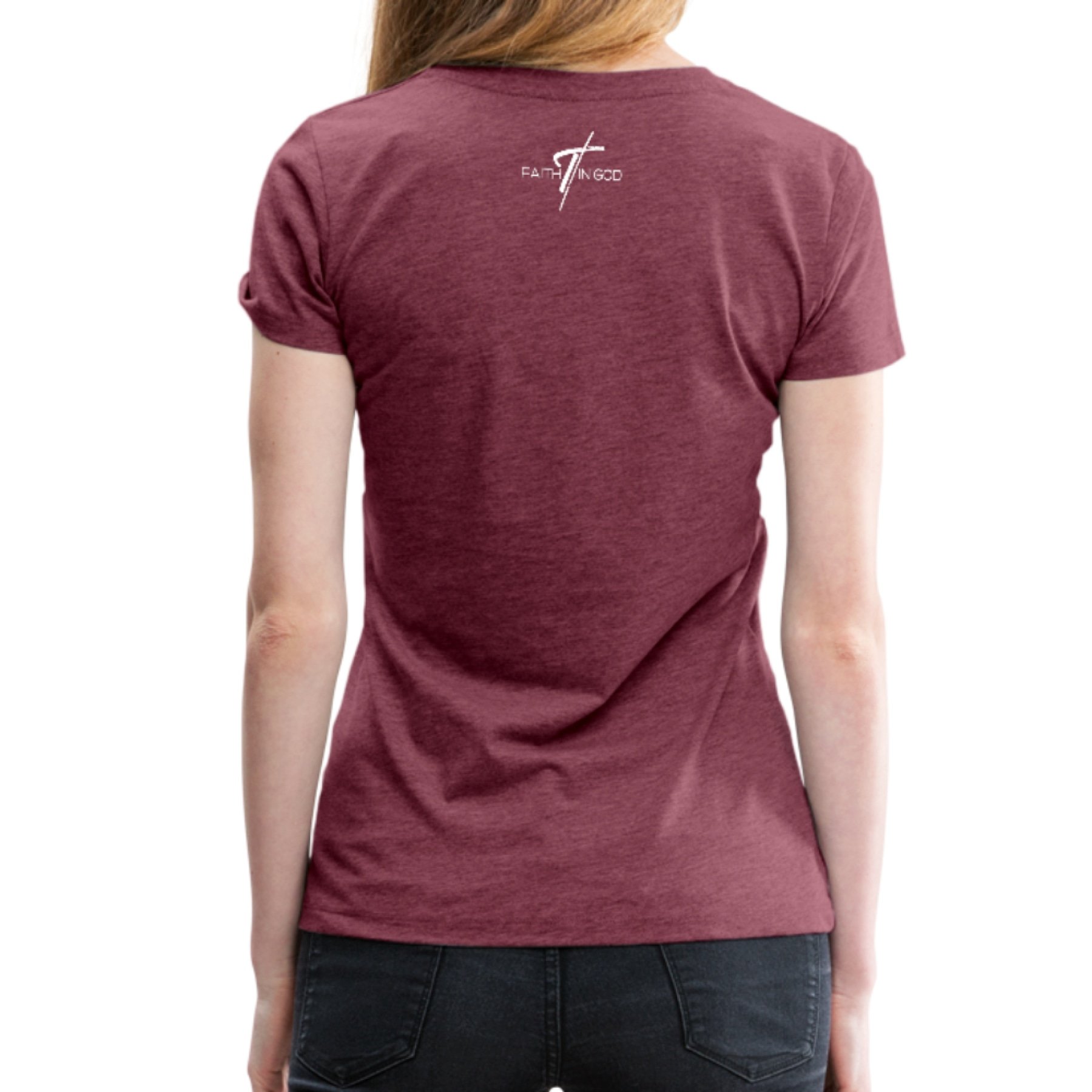 A stylish Women's T-shirt featuring a Faith In God graphic design, made from soft pre-shrunk cotton, perfect for casual wear.