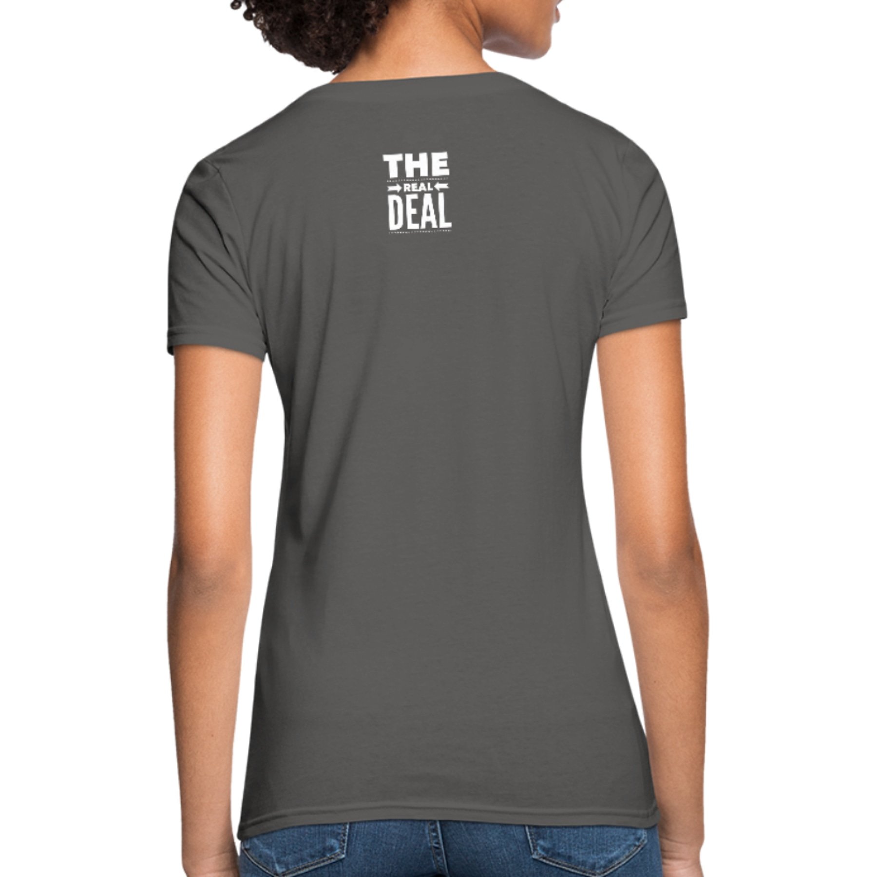 Women's T-shirt featuring the Real Deal Double Arrow Affirmation design, showcasing a classic crew neck and short sleeves in a stylish fit.