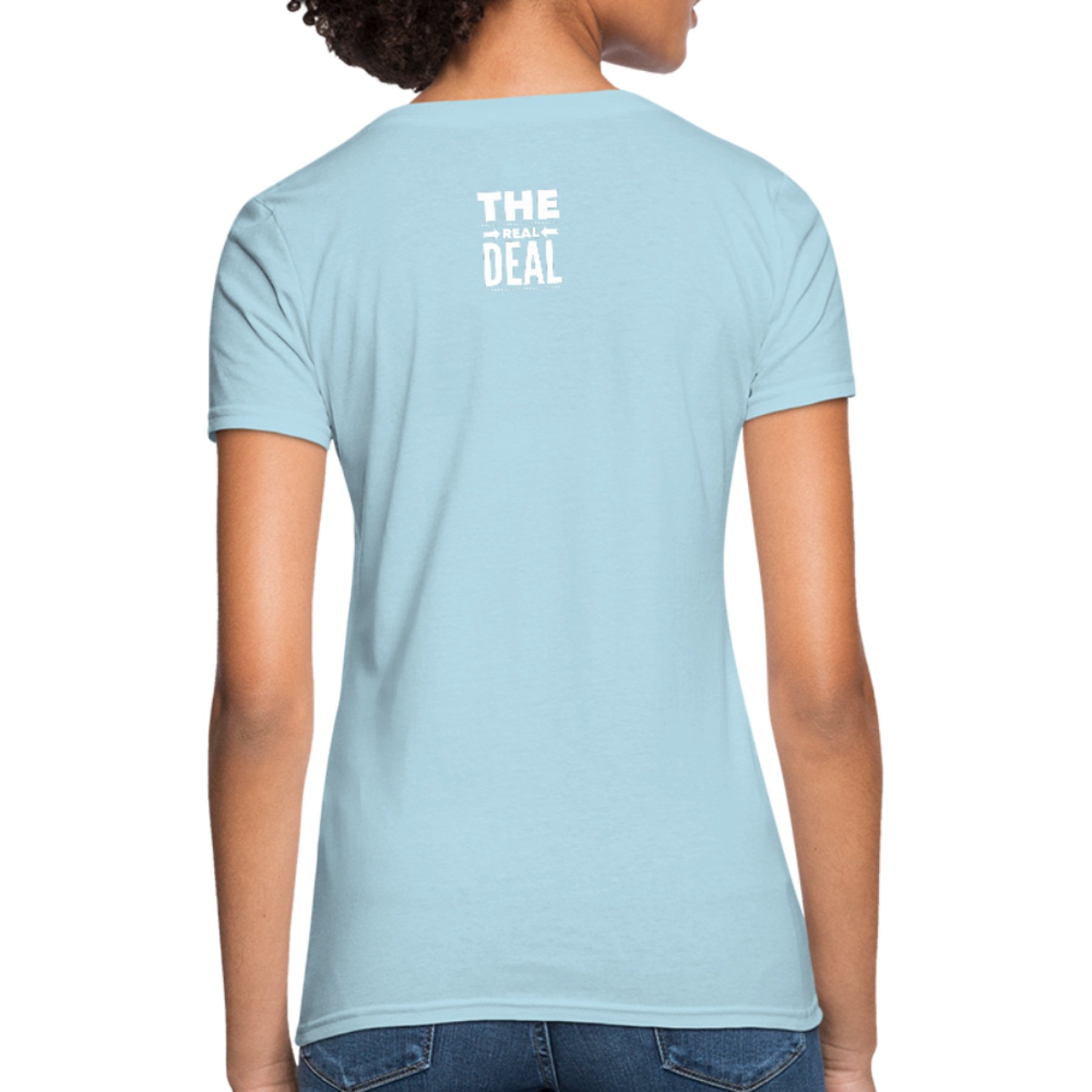 Women's T-shirt featuring the Real Deal Double Arrow Affirmation design, showcasing a classic crew neck and short sleeves in a stylish fit.