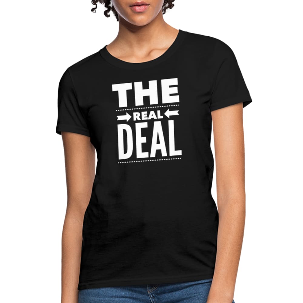 Women's T-shirt featuring the Real Deal Double Arrow Affirmation design, showcasing a classic crew neck and short sleeves in a stylish fit.