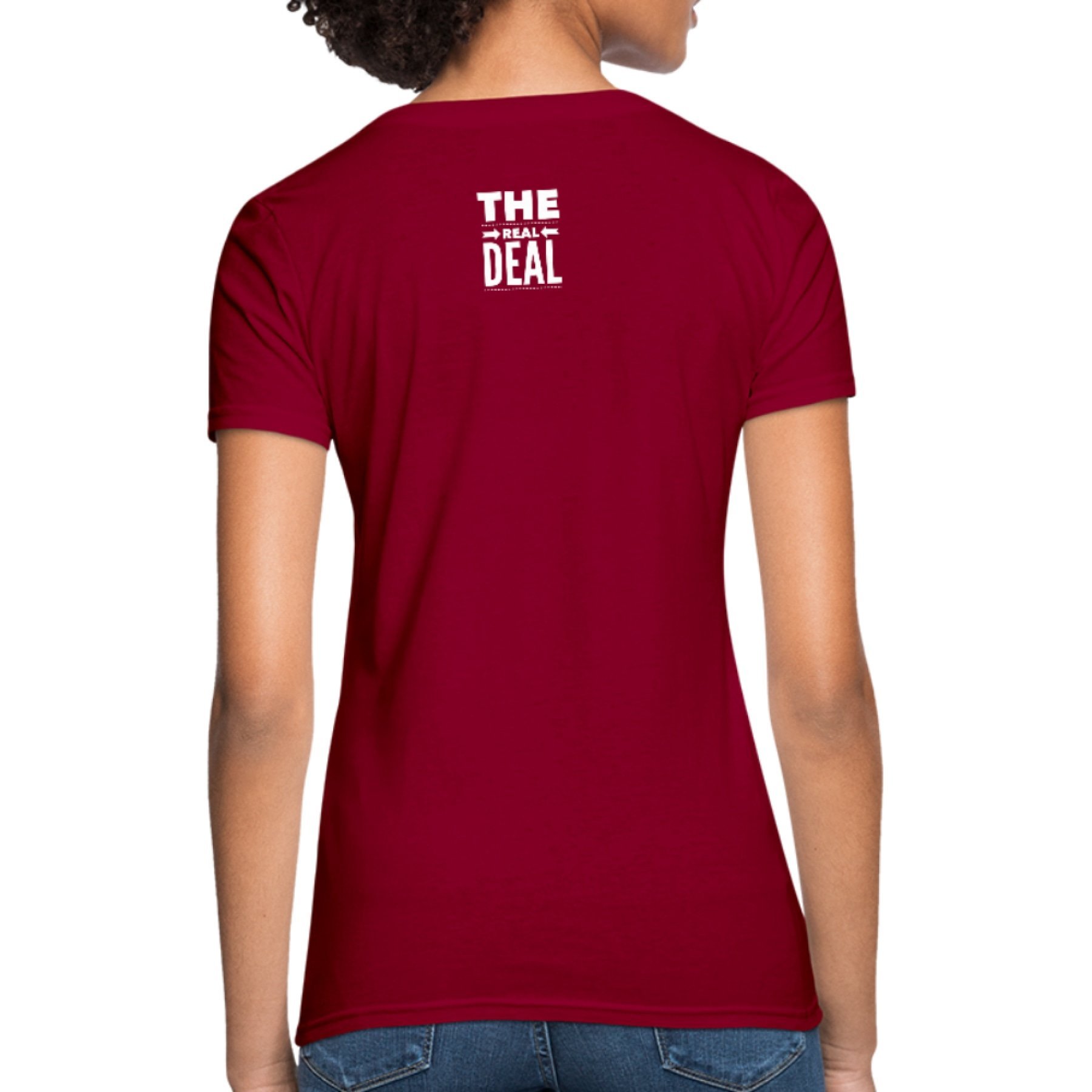 Women's T-shirt featuring the Real Deal Double Arrow Affirmation design, showcasing a classic crew neck and short sleeves in a stylish fit.