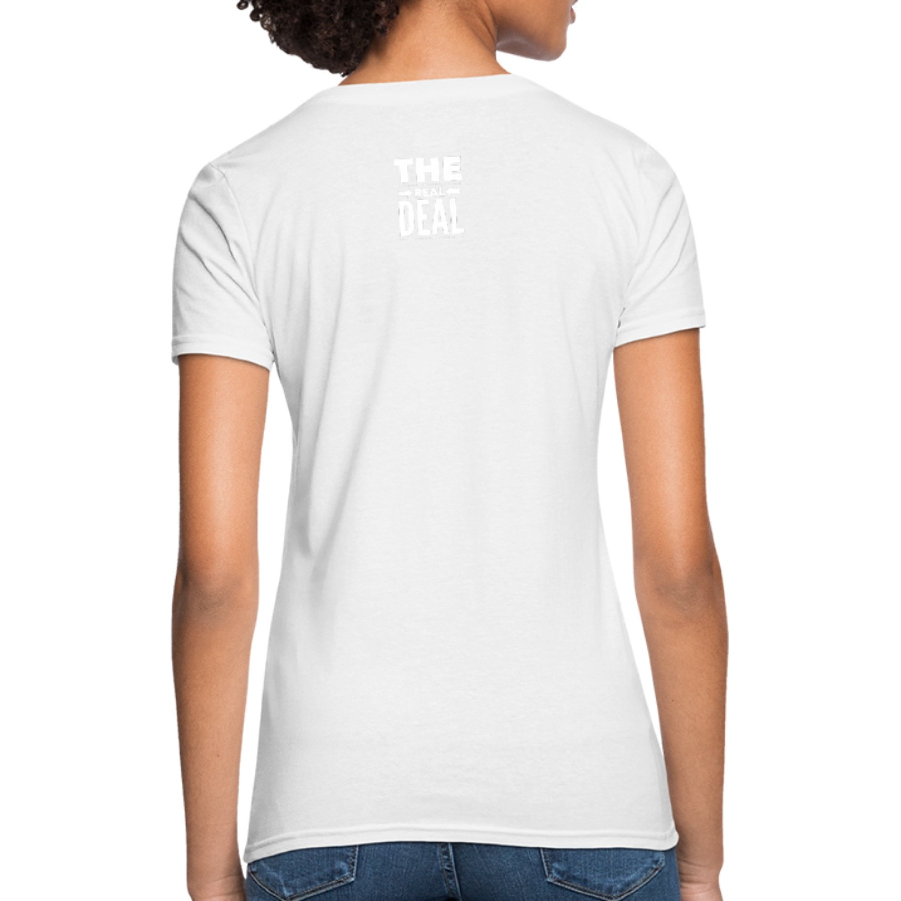 Women's T-shirt featuring the Real Deal Double Arrow Affirmation design, showcasing a classic crew neck and short sleeves in a stylish fit.