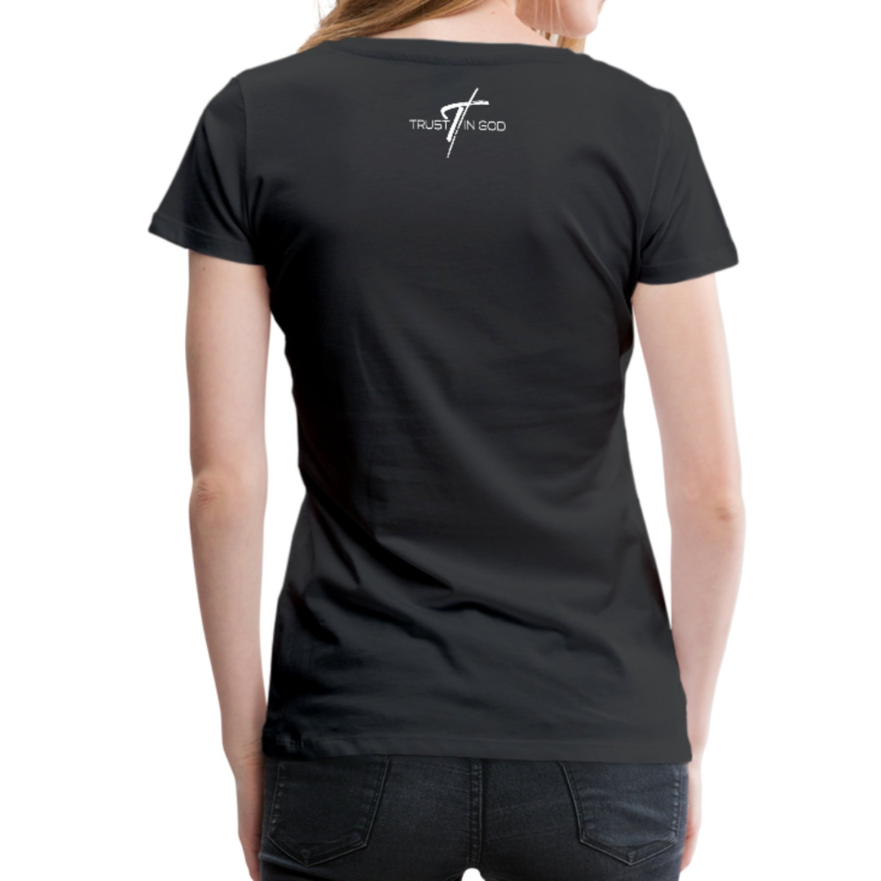 A stylish Women's T-shirt featuring a Trust In God graphic design, made from soft pre-shrunk cotton, perfect for casual wear.