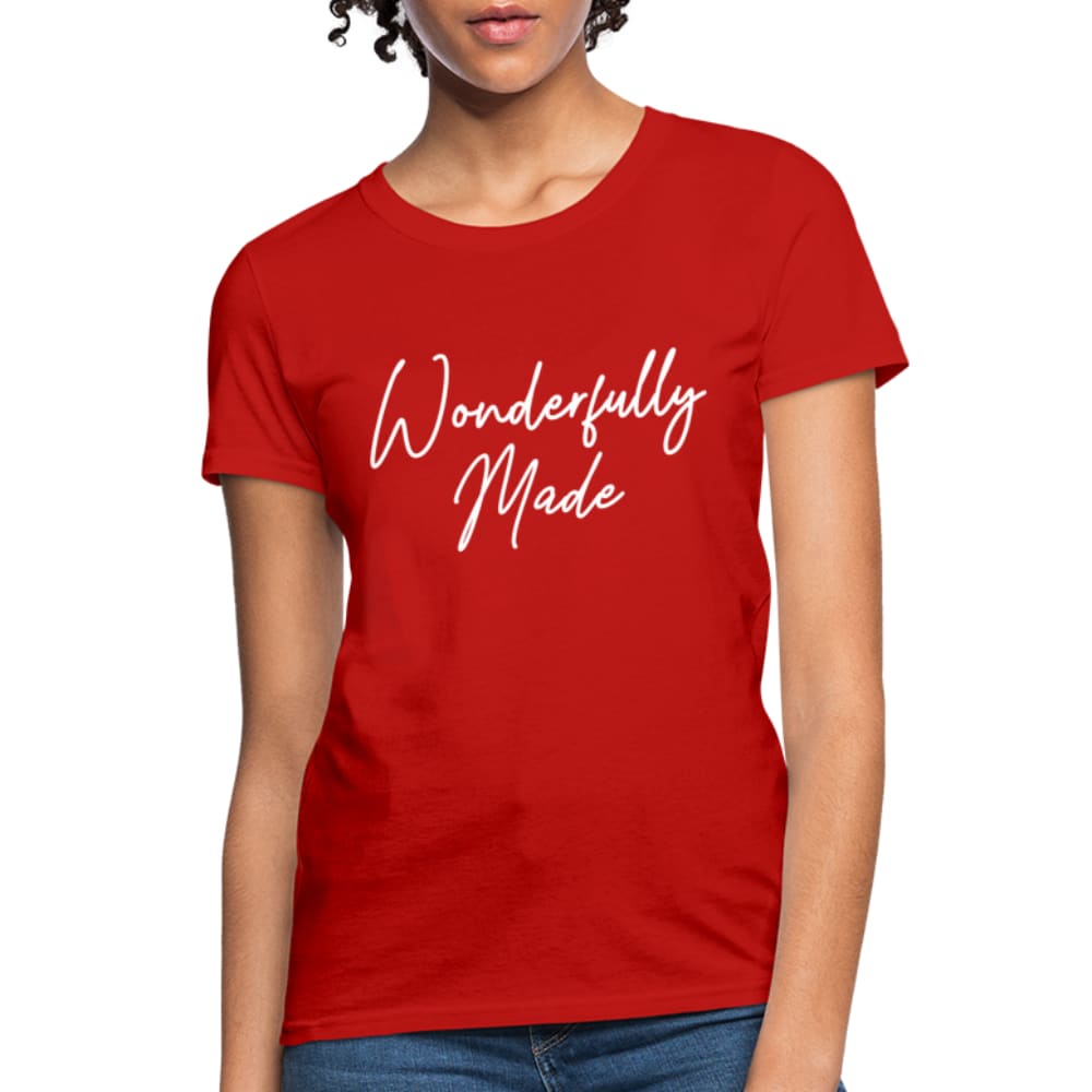 Wonderfully Made Women's T-shirt in various colors with a graphic design, showcasing a feminine fit and high-quality fabric.