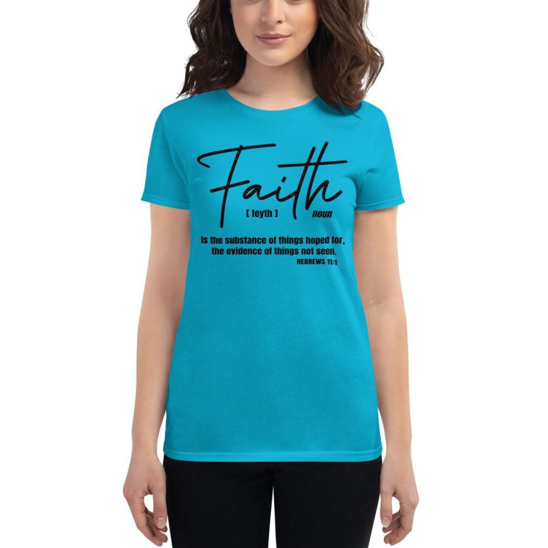 Black Women's T-Shirt with 'Faith Is The Substance Of Things Hoped For' graphic design, showcasing a classic fit and comfortable fabric.