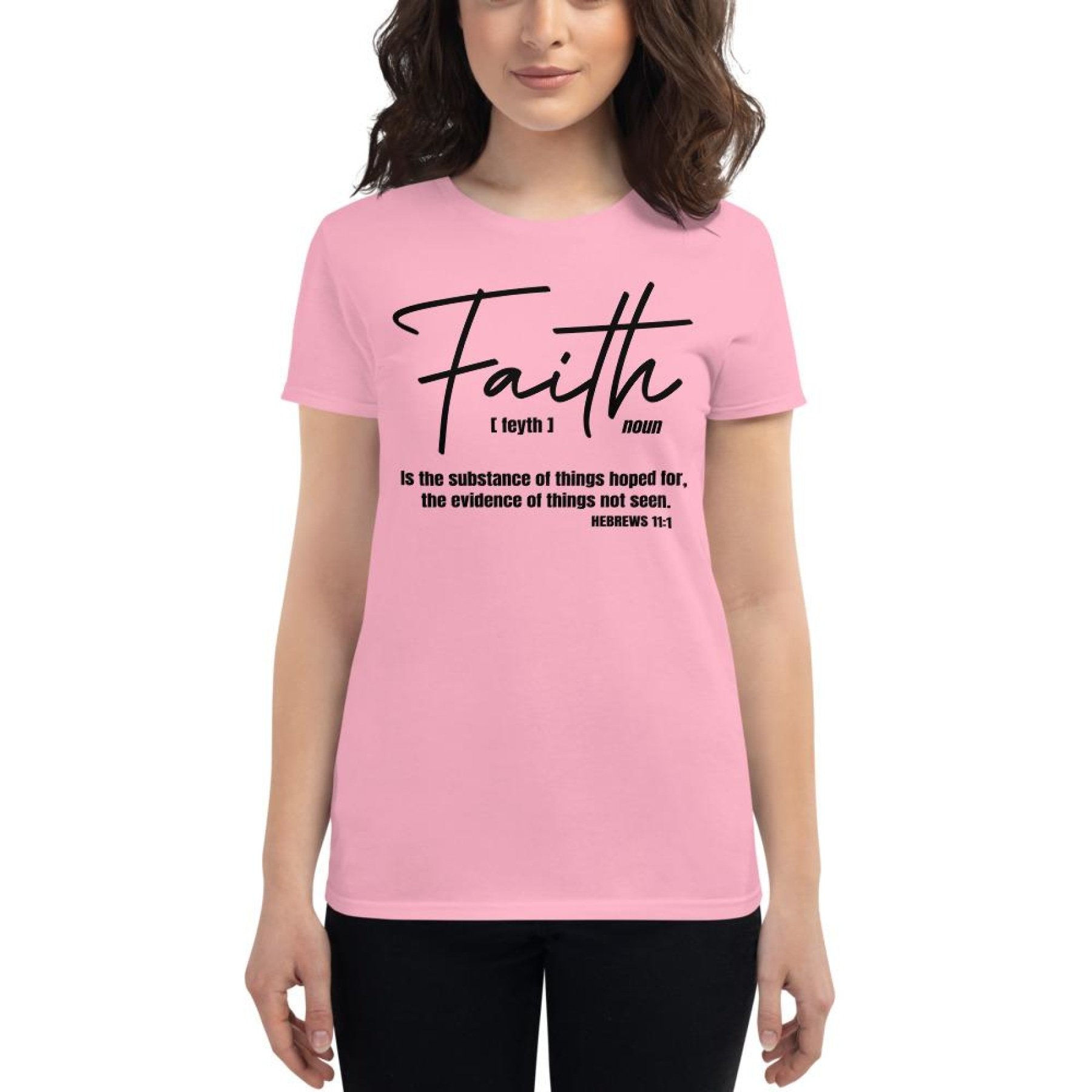 Black Women's T-Shirt with 'Faith Is The Substance Of Things Hoped For' graphic design, showcasing a classic fit and comfortable fabric.