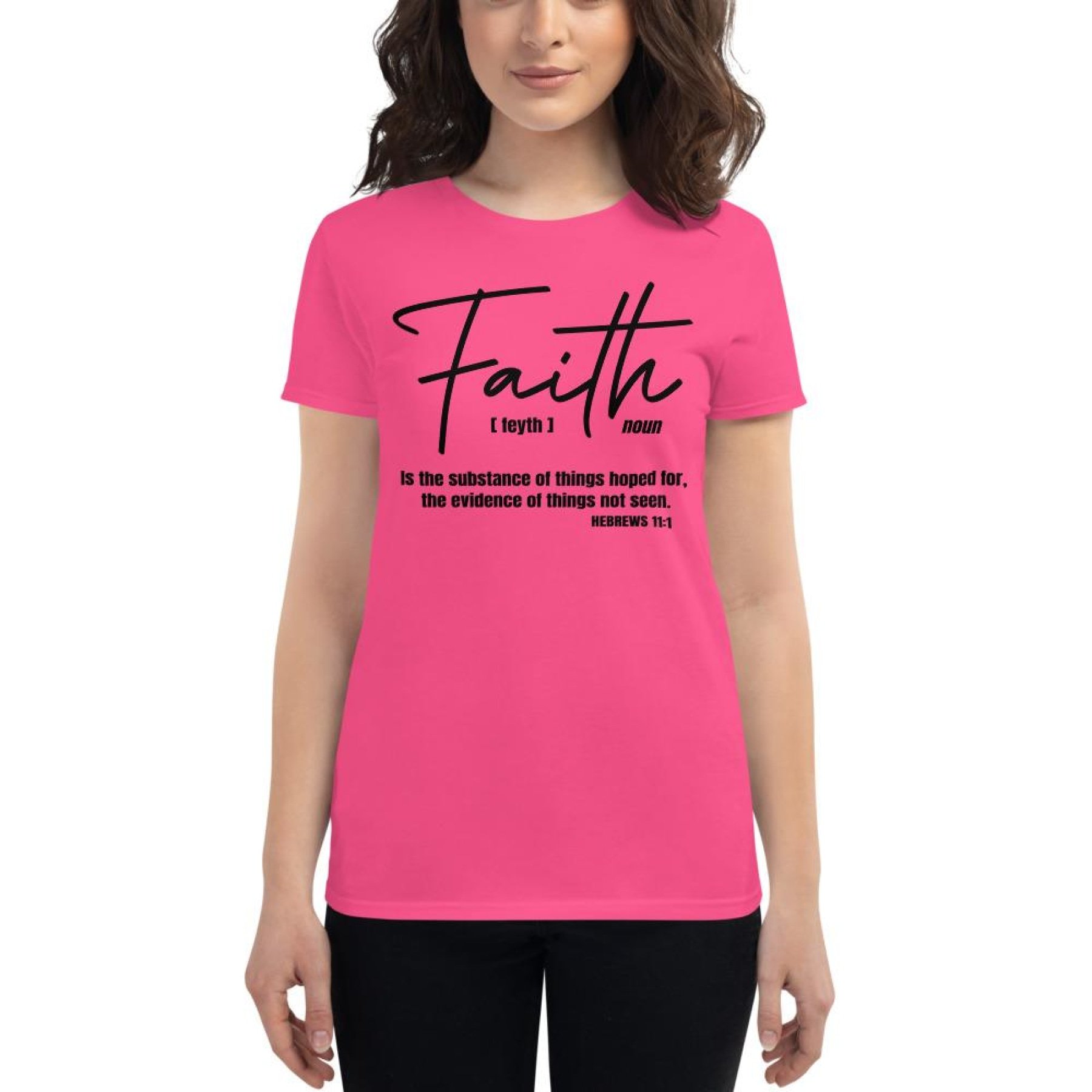 Black Women's T-Shirt with 'Faith Is The Substance Of Things Hoped For' graphic design, showcasing a classic fit and comfortable fabric.