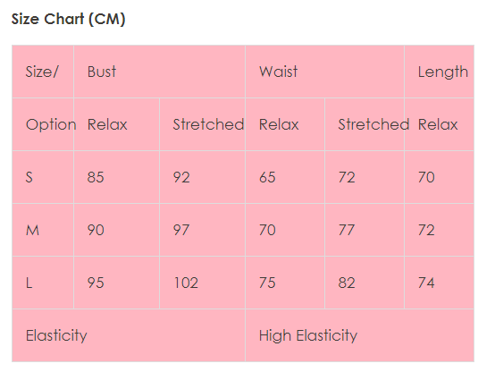 Clothing size chart in centimeters.