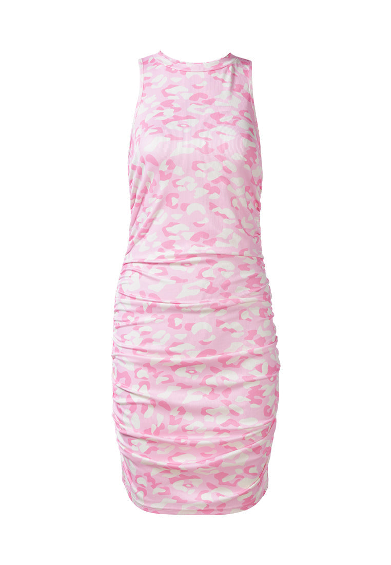 A stylish Floral Print Ruched Bodycon Dress featuring a sleeveless design, racerback style, and vibrant floral patterns, perfect for casual outings.