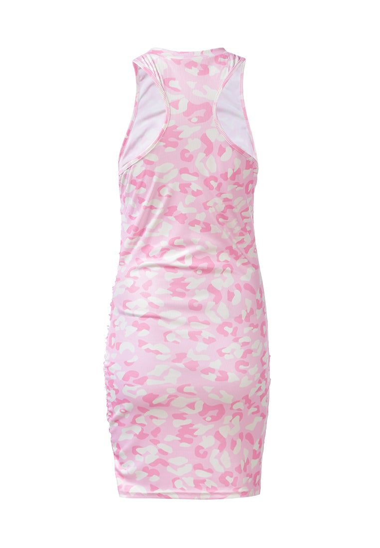 A stylish Floral Print Ruched Bodycon Dress featuring a sleeveless design, racerback style, and vibrant floral patterns, perfect for casual outings.