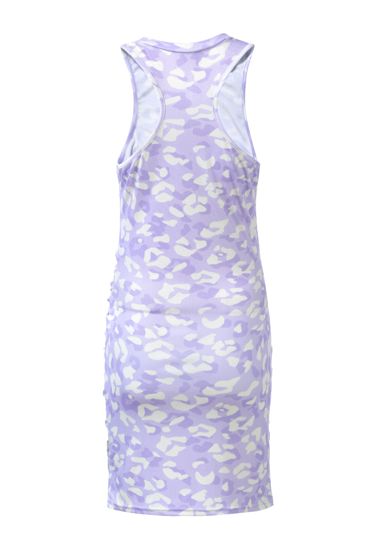 A stylish Floral Print Ruched Bodycon Dress featuring a sleeveless design, racerback style, and vibrant floral patterns, perfect for casual outings.