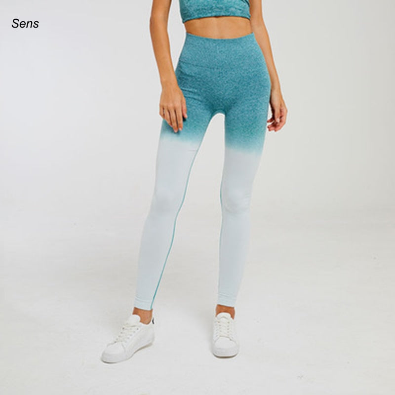 A stylish Winter Hot Sale Yoga Set featuring comfortable gym leggings designed for yoga and fitness activities, showcasing vibrant colors and a high waistband.