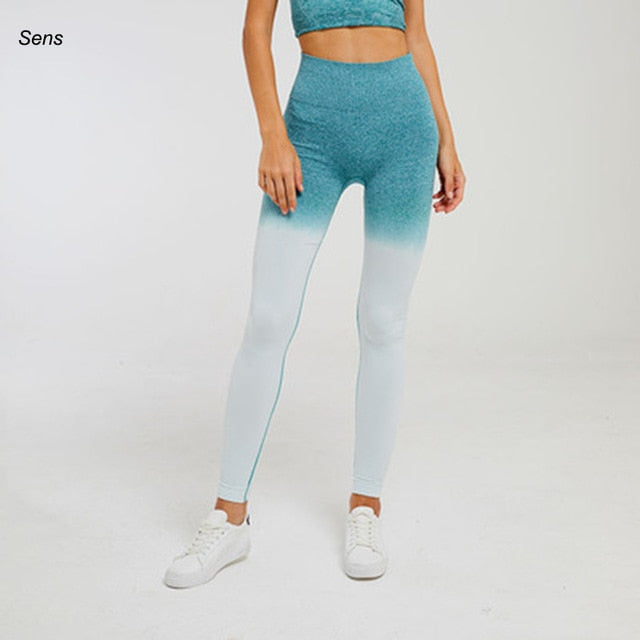 A stylish Winter Hot Sale Yoga Set featuring comfortable gym leggings designed for yoga and fitness activities, showcasing vibrant colors and a high waistband.