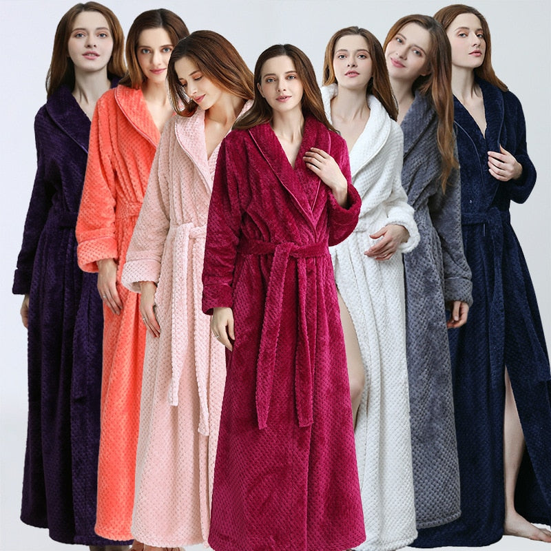 A cozy Women Winter Extra Long Robe made of soft flannel, designed for plus sizes, featuring a stylish peignoir design perfect for winter lounging.