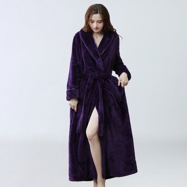 A cozy Women Winter Extra Long Robe made of soft flannel, designed for plus sizes, featuring a stylish peignoir design perfect for winter lounging.