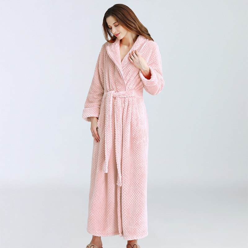 A cozy Women Winter Extra Long Robe made of soft flannel, designed for plus sizes, featuring a stylish peignoir design perfect for winter lounging.