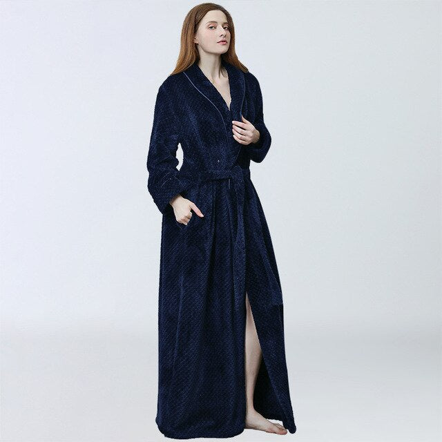 A cozy Women Winter Extra Long Robe made of soft flannel, designed for plus sizes, featuring a stylish peignoir design perfect for winter lounging.