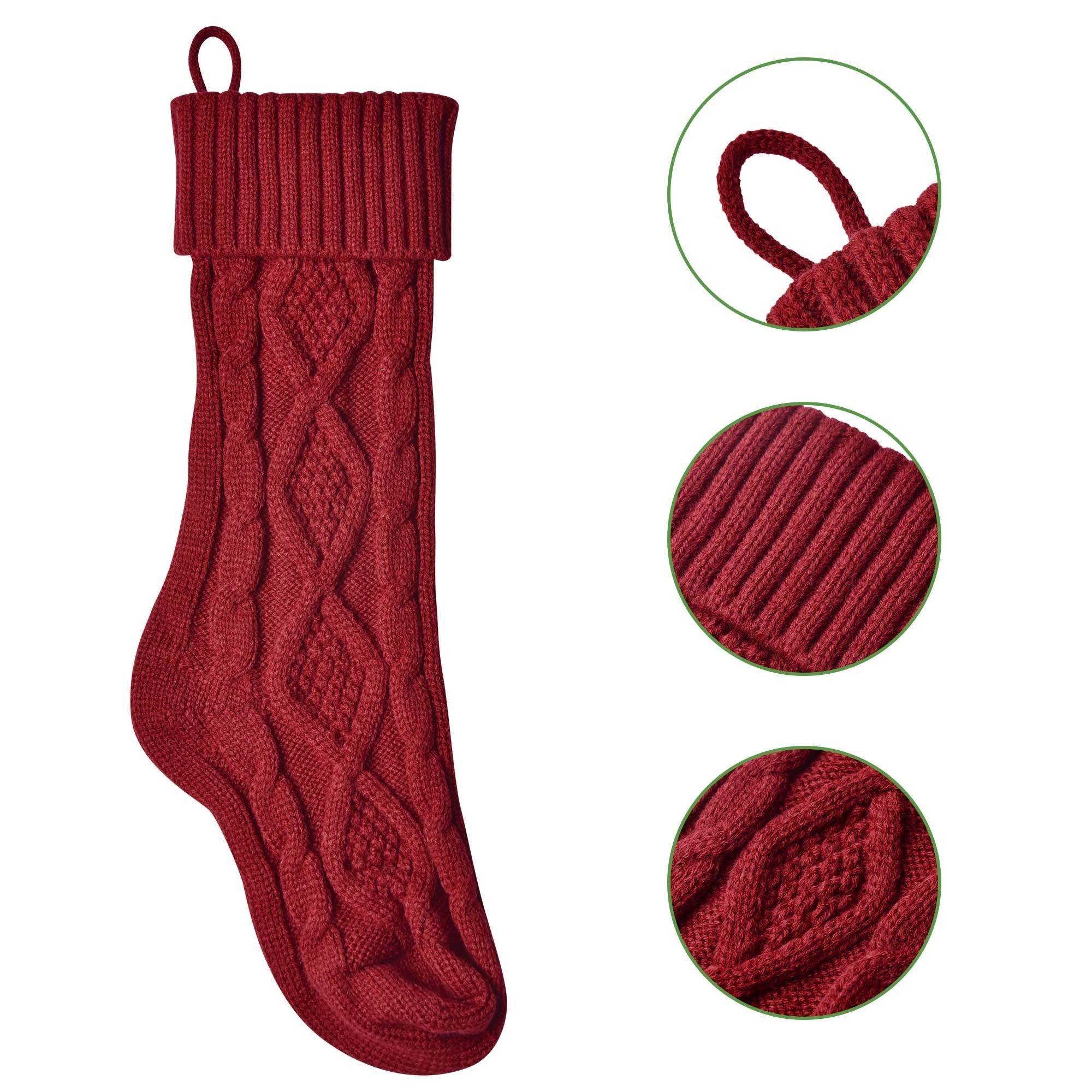 Set of 4 burgundy red Christmas stockings with chunky knit pattern, perfect for holiday decorations and gift stuffing.