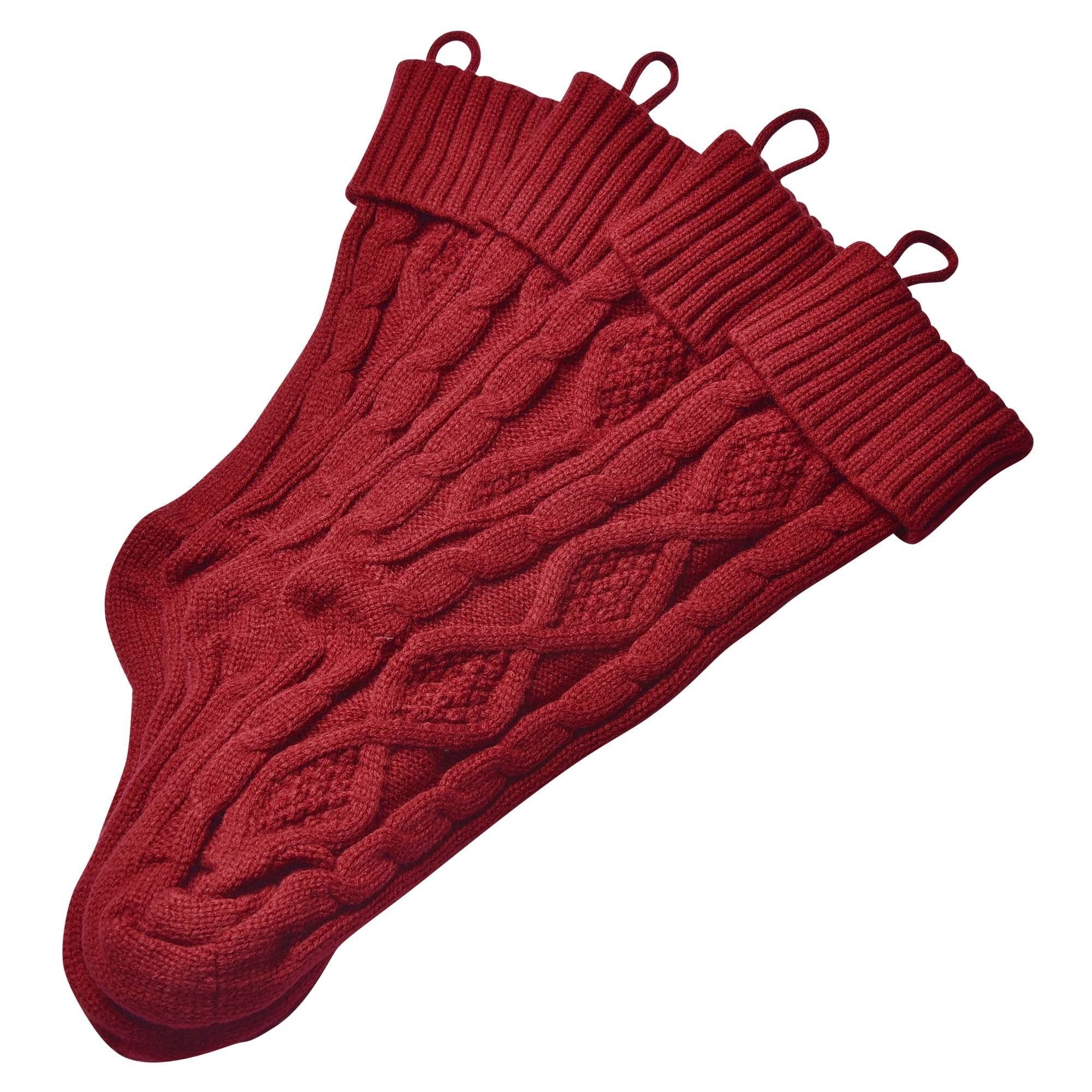 Set of 4 burgundy red Christmas stockings with chunky knit pattern, perfect for holiday decorations and gift stuffing.