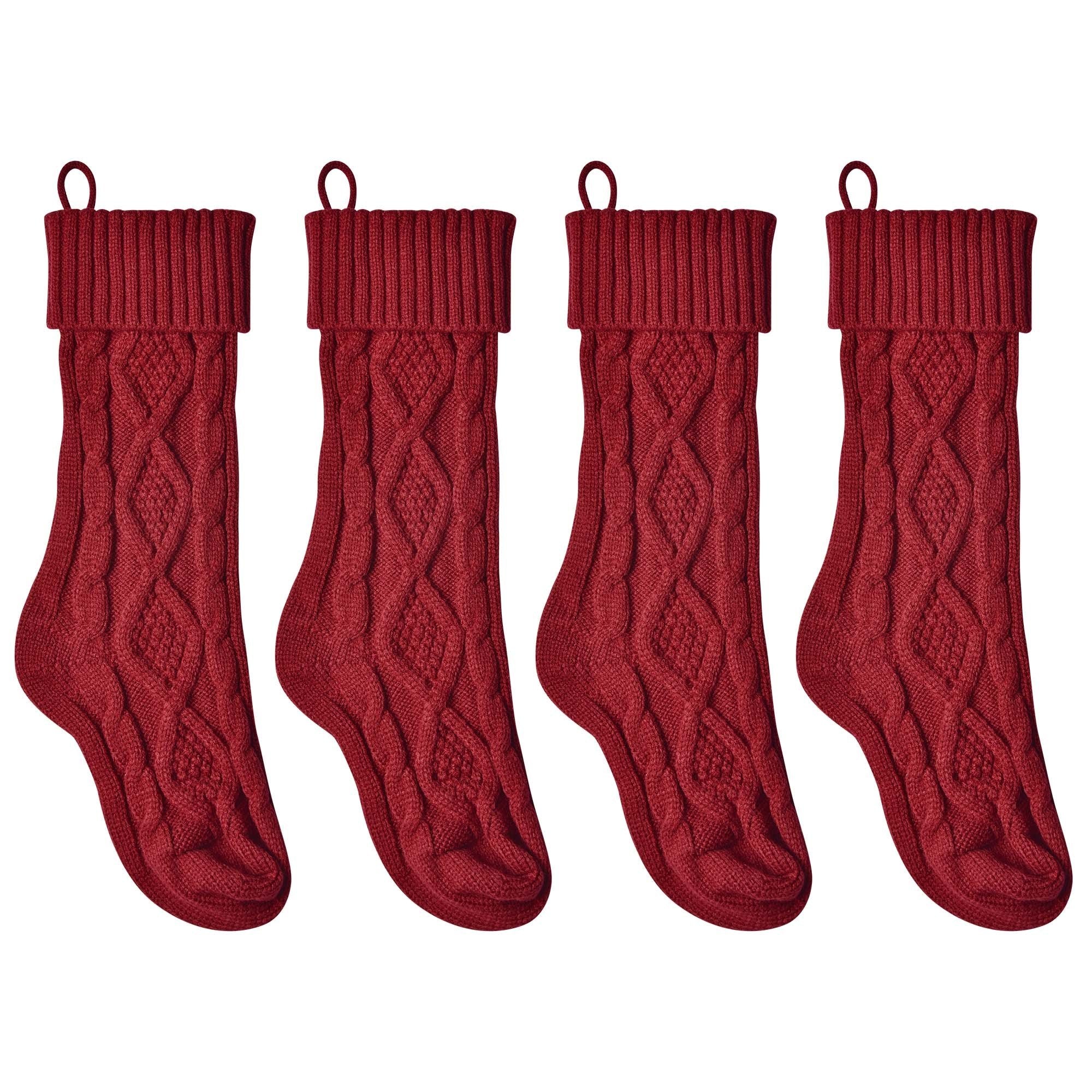 Set of 4 burgundy red Christmas stockings with chunky knit pattern, perfect for holiday decorations and gift stuffing.