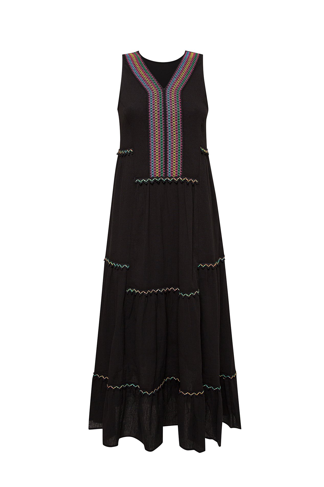 Black Amalfi Maxi Dress featuring colorful bohemian embroidery on breathable cotton fabric, with a tiered hem and loose fit.