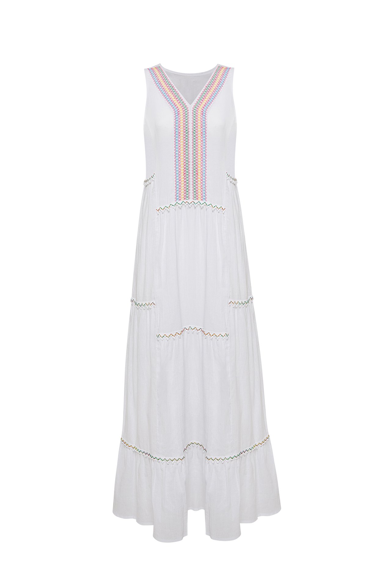 Amalfi Maxi Dress in white featuring colorful bohemian embroidery and a tiered hem, made from breathable cotton fabric.