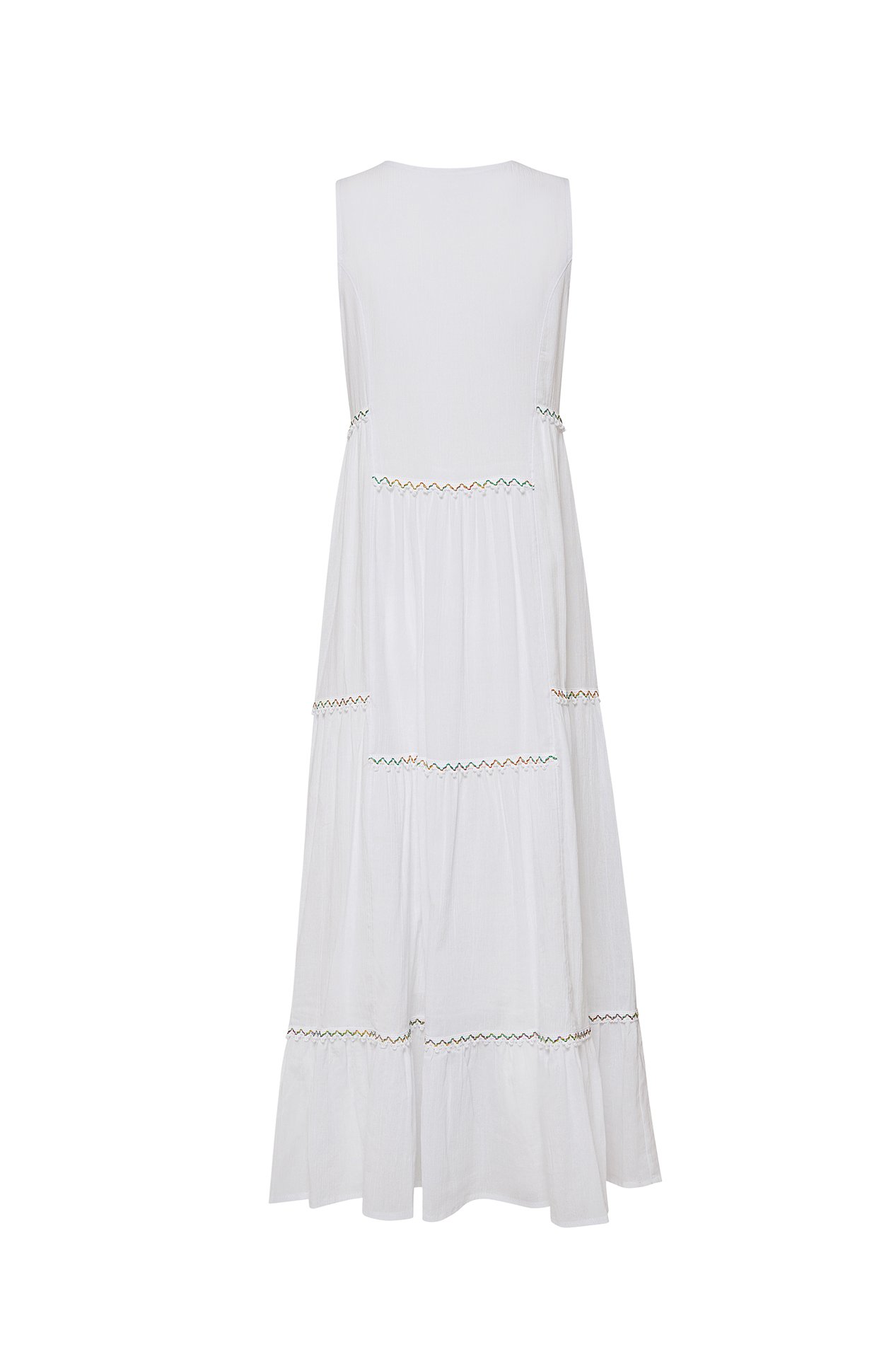 Amalfi Maxi Dress in white featuring colorful bohemian embroidery and a tiered hem, made from breathable cotton fabric.