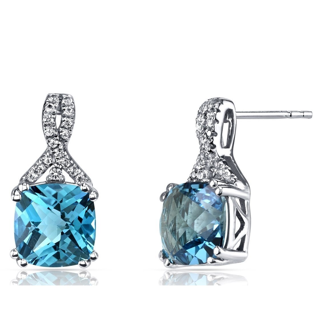 Elegant aquamarine cushion round stud earrings set in 18K white gold, showcasing their stunning blue hue and luxurious design.