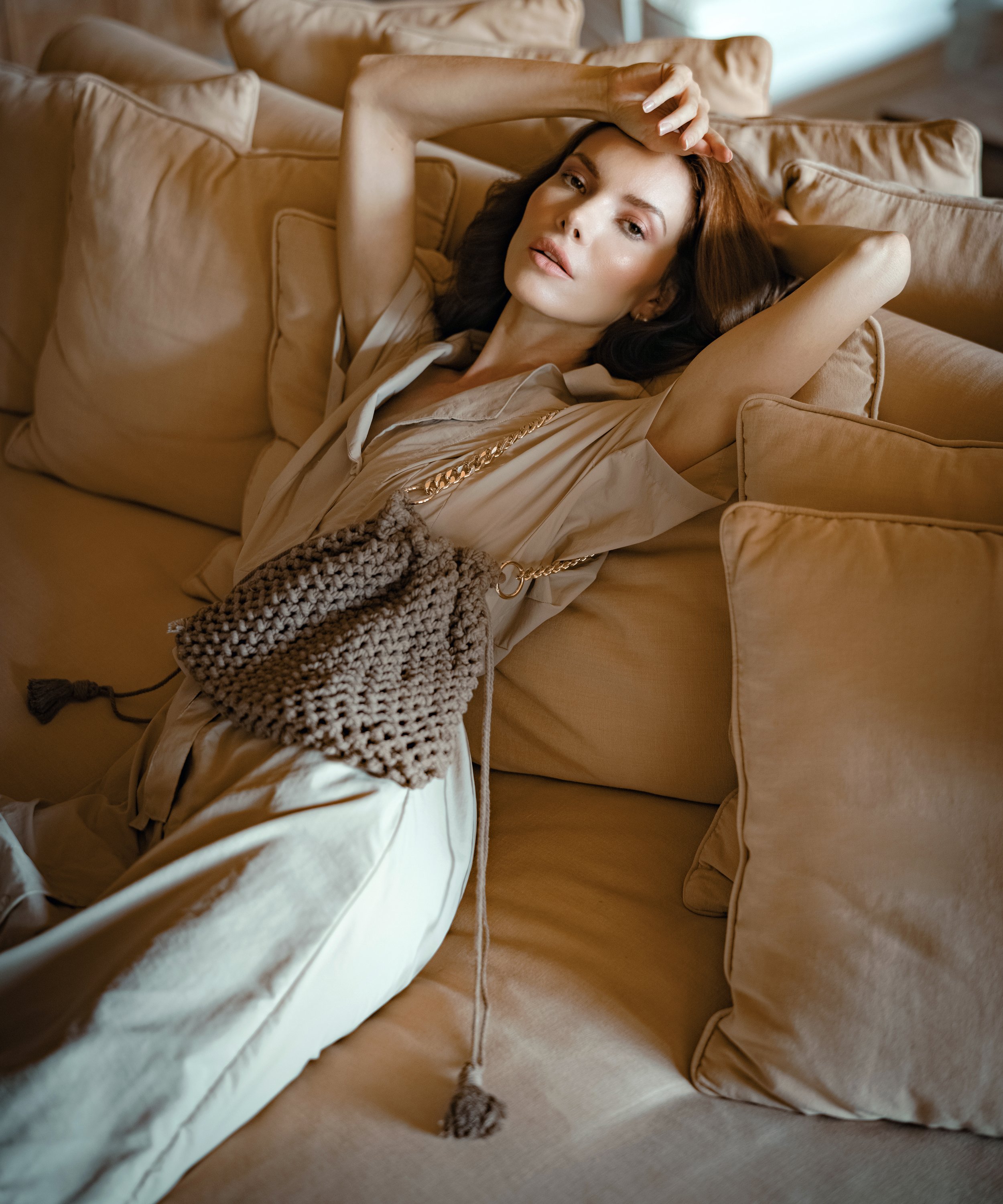 ARYA Safari Linen Midi Dress in Beige, featuring a button-down closure, belt, and spacious pockets, made from recycled fabric.