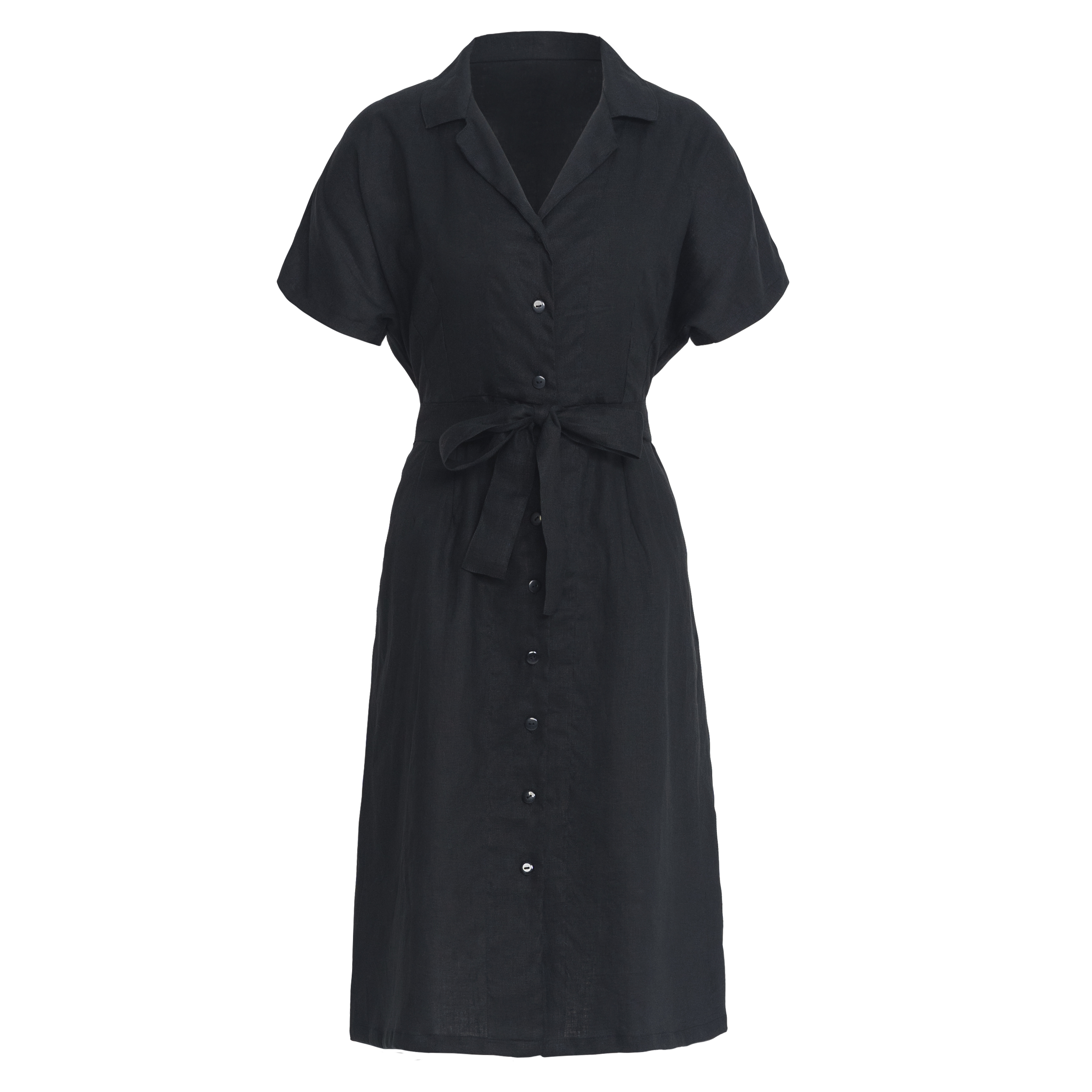 ARYA Safari Linen Midi Dress in Black, showcasing its elegant design, button-down closure, and spacious side pockets.