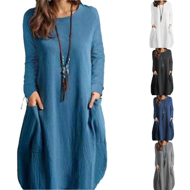 A stylish Autumn Cotton Linen Loose Casual Dress featuring long sleeves, a round neck, and side pockets, perfect for fall fashion.