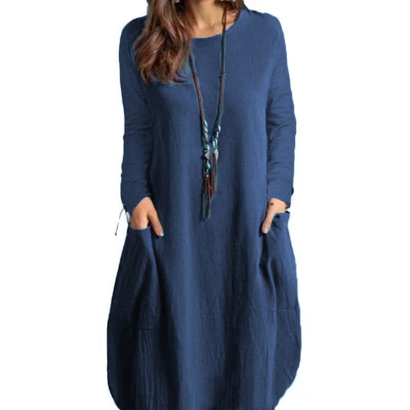 A stylish Autumn Cotton Linen Loose Casual Dress featuring long sleeves, a round neck, and side pockets, perfect for fall fashion.