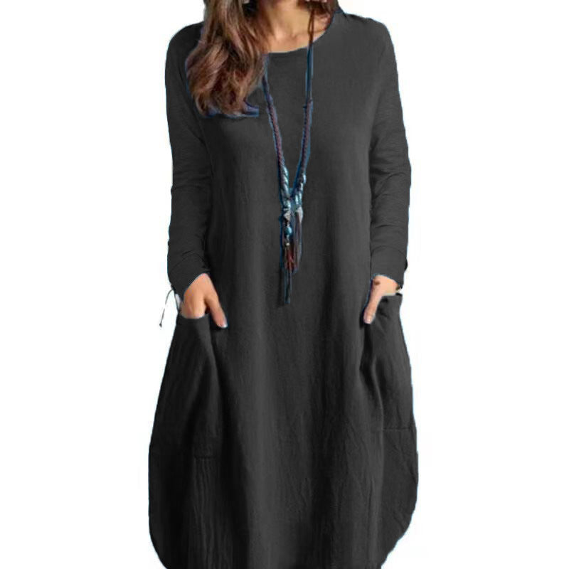 A stylish Autumn Cotton Linen Loose Casual Dress featuring long sleeves, a round neck, and side pockets, perfect for fall fashion.