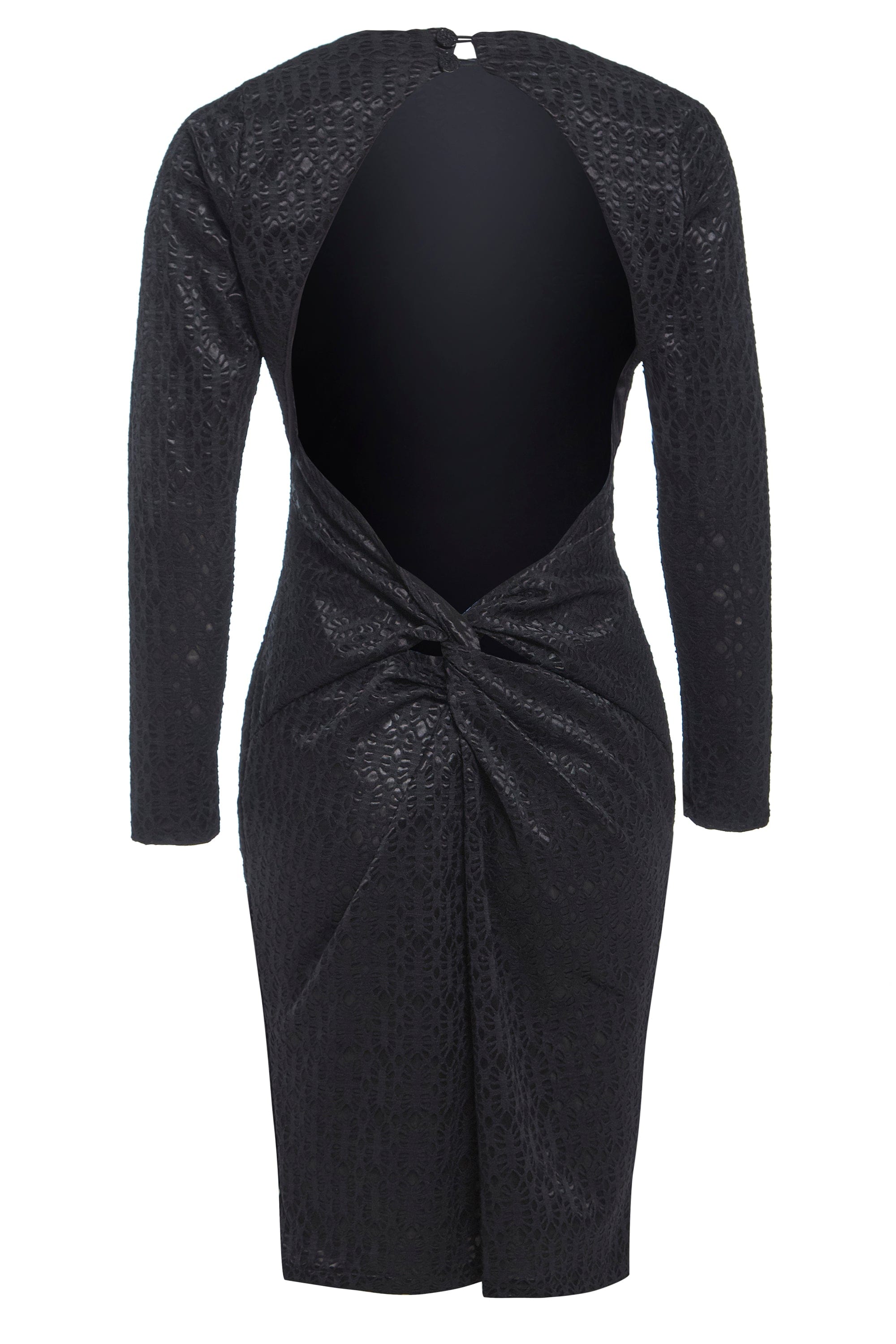 A stunning backless black dress with long sleeves and twisted knot detailing, perfect for glamorous evenings out.