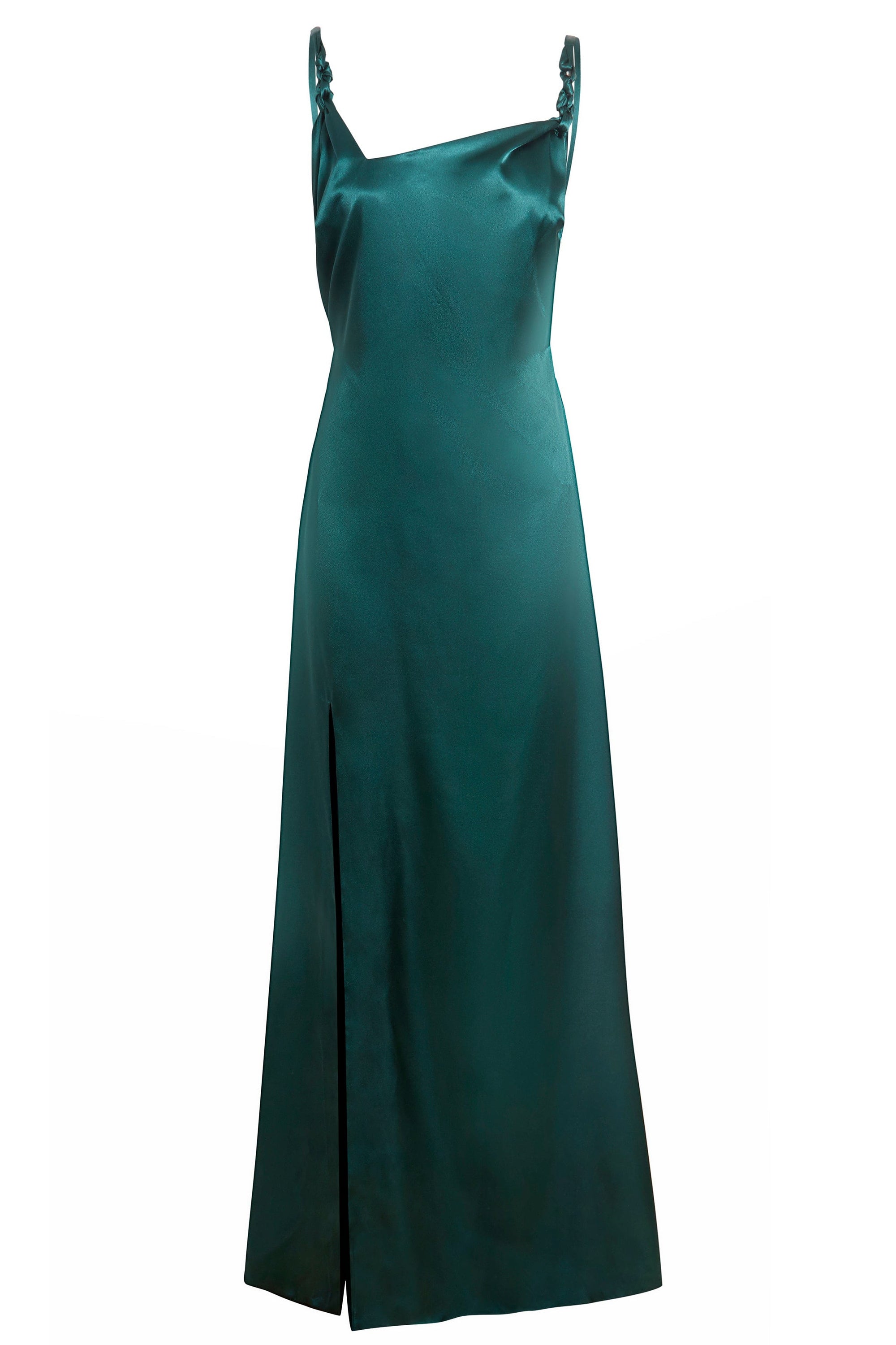 Elegant emerald green backless maxi dress with thigh-high slit and twisted spaghetti straps, perfect for formal occasions.