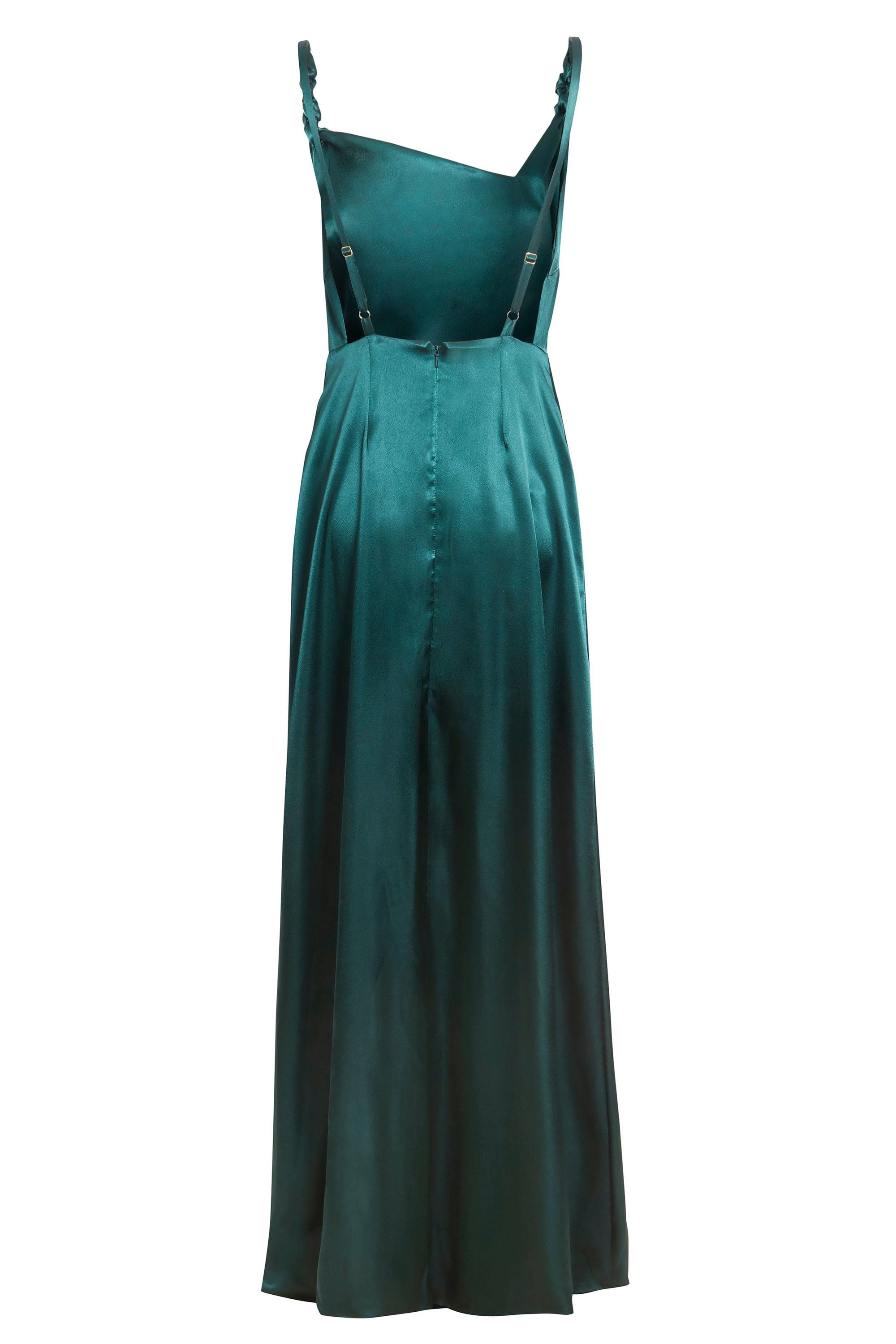 Elegant emerald green backless maxi dress with thigh-high slit and twisted spaghetti straps, perfect for formal occasions.