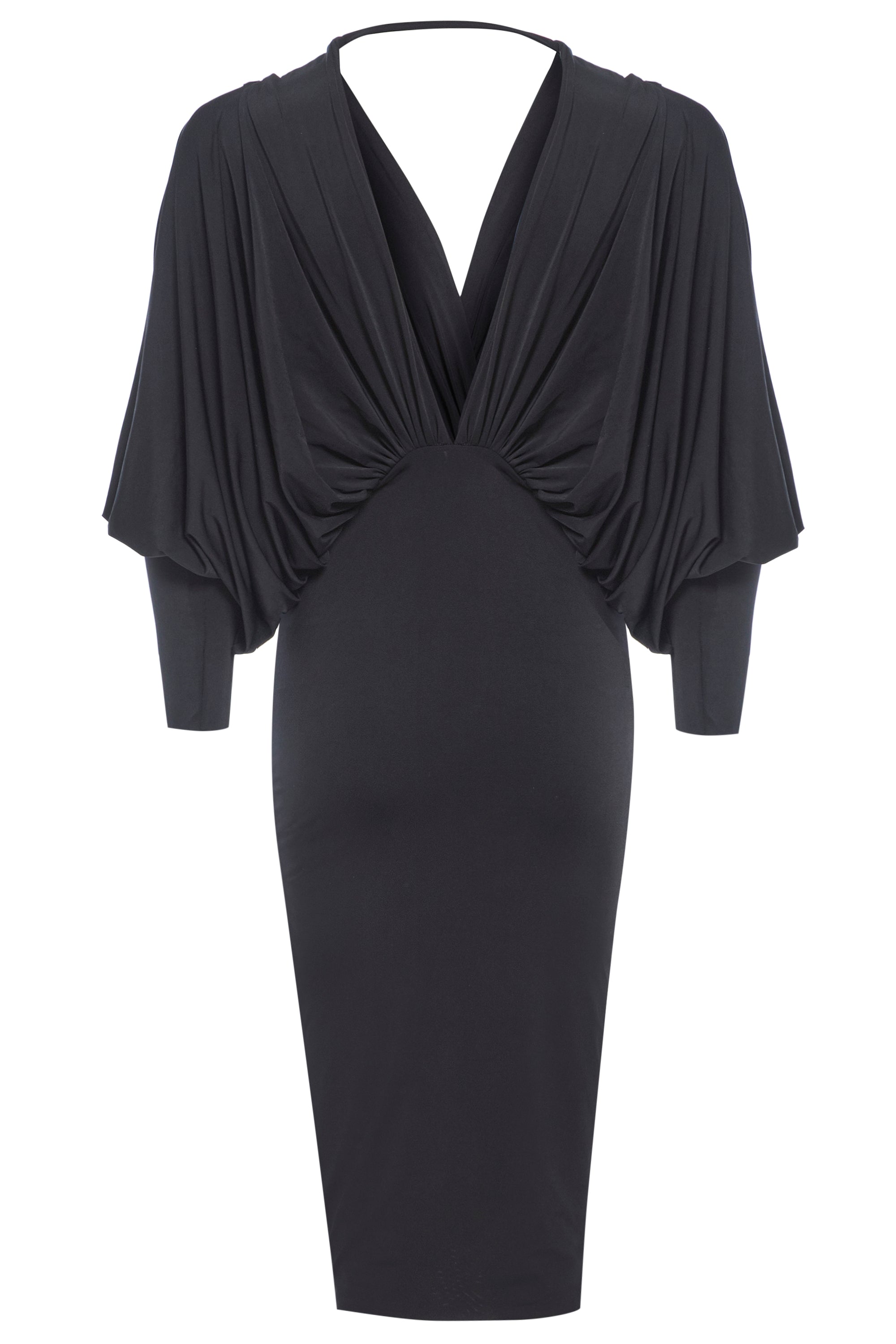 A stylish Black Batwing Sleeve Dress featuring elegant batwing sleeves and a fitted skirt, showcasing a plunging neckline and open back design.