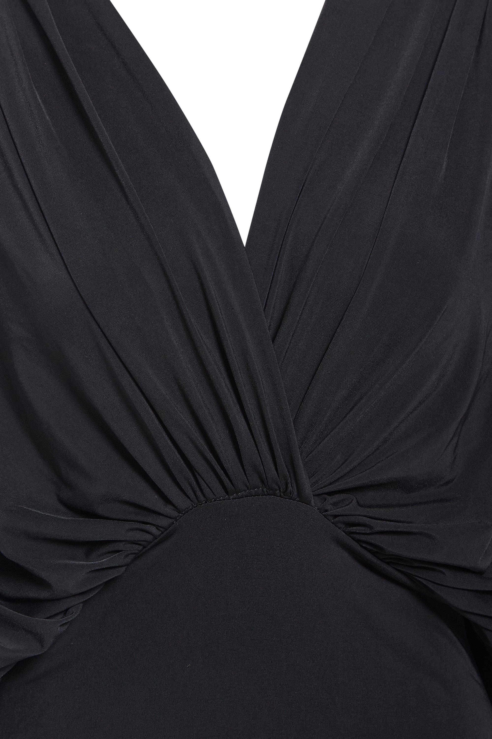 A stylish Black Batwing Sleeve Dress featuring elegant batwing sleeves and a fitted skirt, showcasing a plunging neckline and open back design.