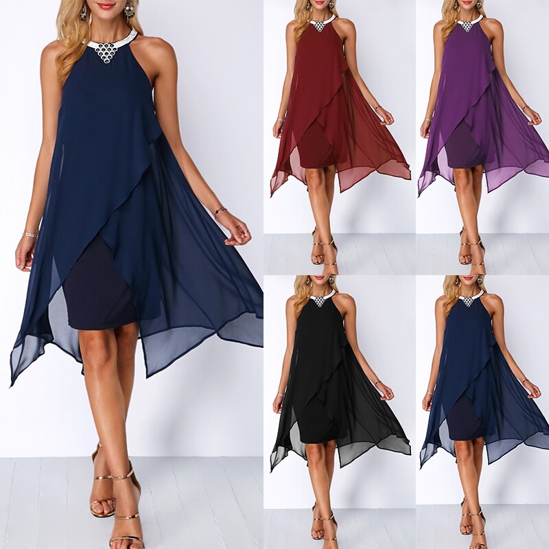 Elegant black cocktail dress with round neck and sleeveless design, featuring a chiffon fabric and asymmetrical silhouette, perfect for summer parties.