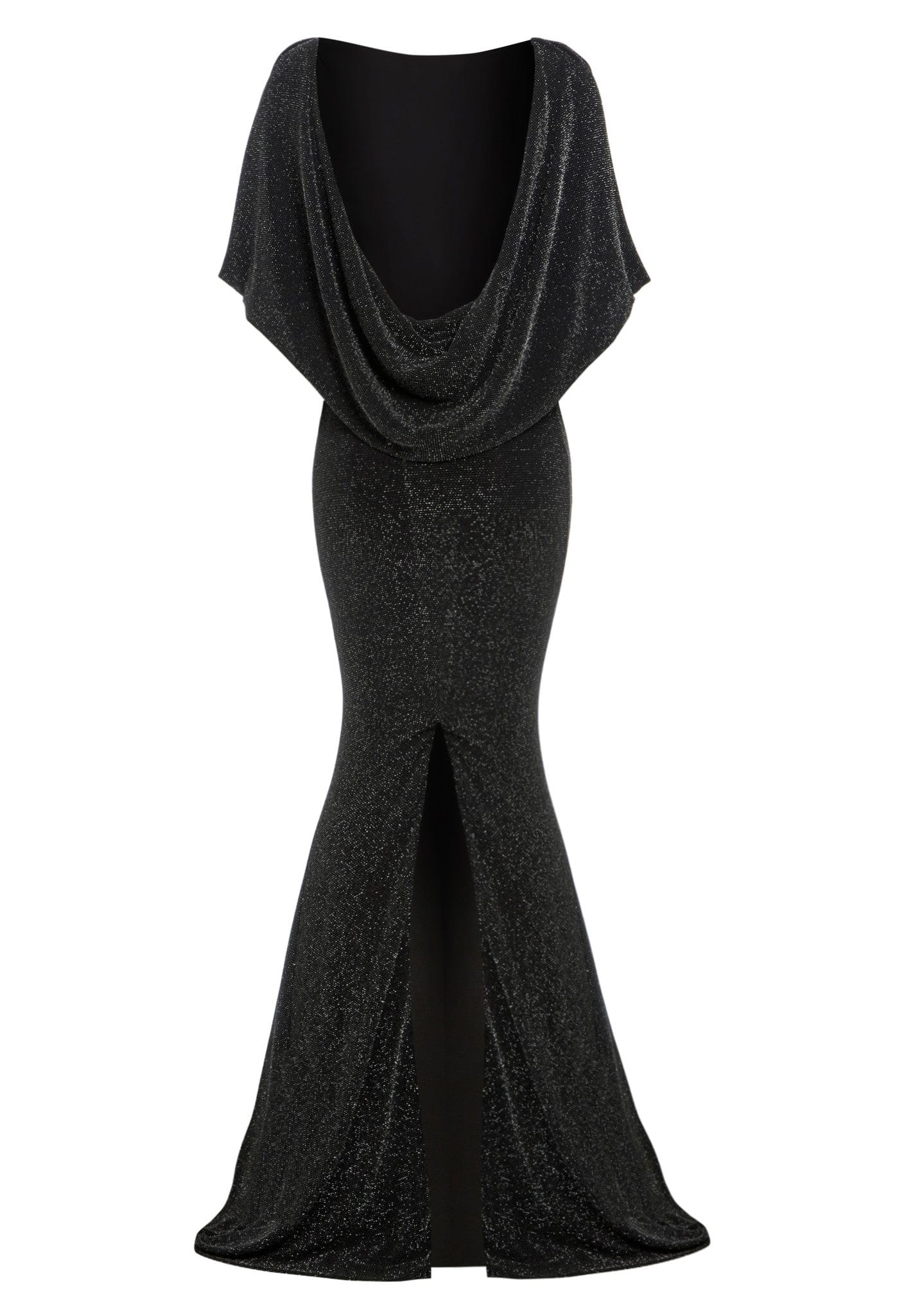 Elegant Black Cowl Back Gown featuring a sophisticated cowl-back design, fishtail skirt, and butterfly sleeves, made from shimmering jersey fabric.