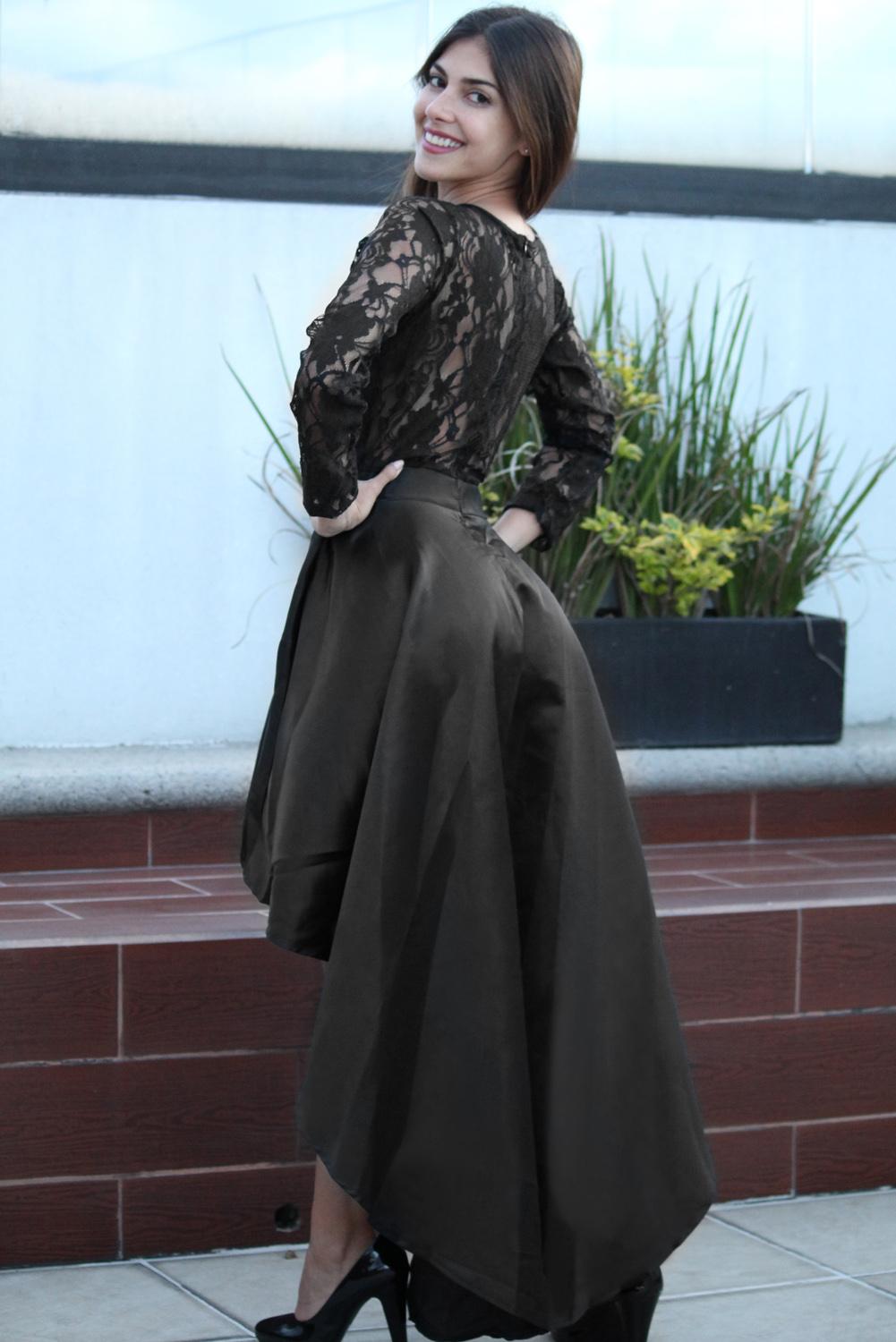 Black Long Sleeve Lace High Low Satin Prom Dress featuring a lace bodice, sheer long sleeves, and a high-low taffeta skirt, perfect for formal occasions.