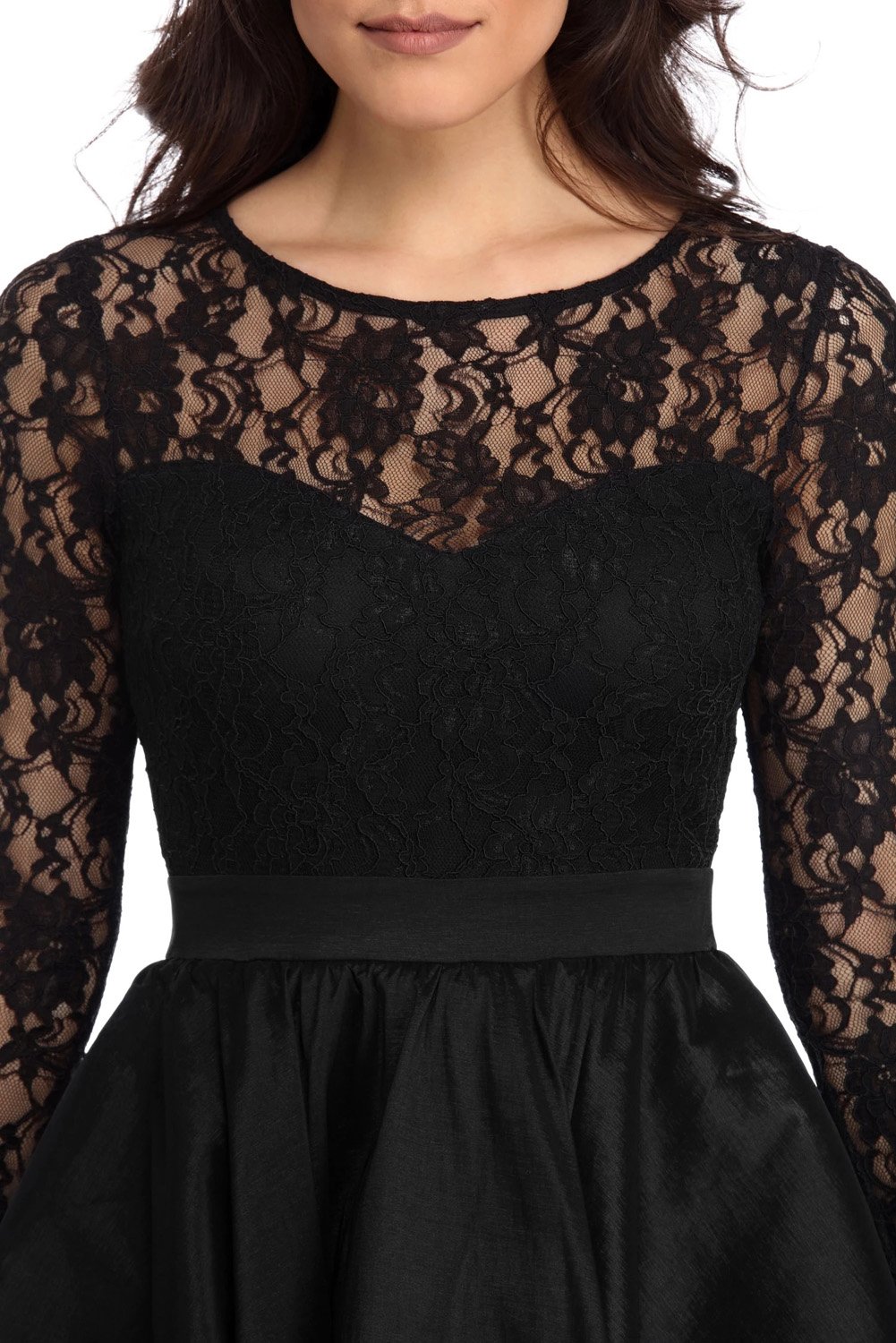 Black Long Sleeve Lace High Low Satin Prom Dress featuring a lace bodice, sheer long sleeves, and a high-low taffeta skirt, perfect for formal occasions.