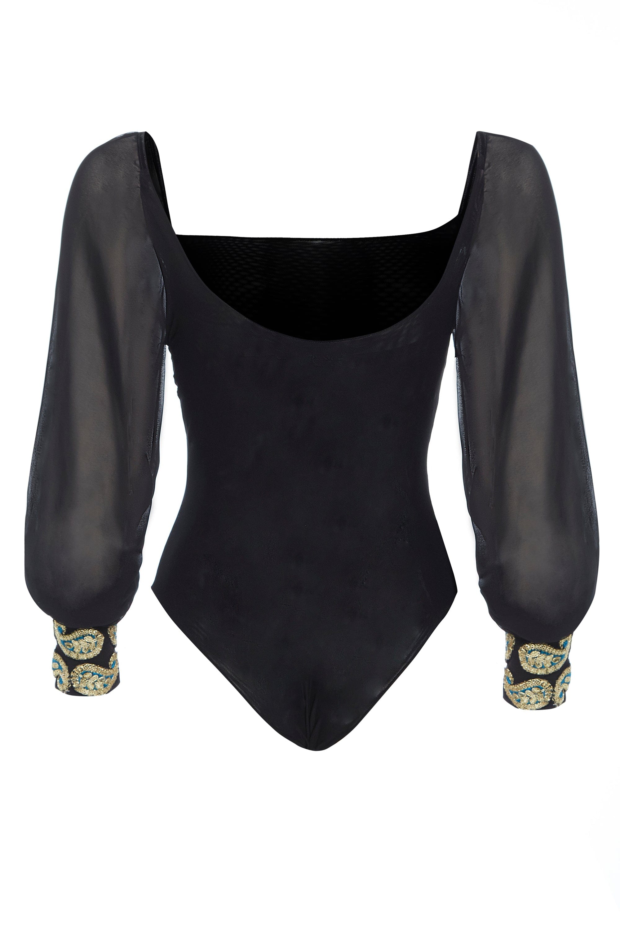 Black mesh bodysuit with long sleeves, featuring embellished cuffs and a scoop neck design, perfect for stylish outfits.