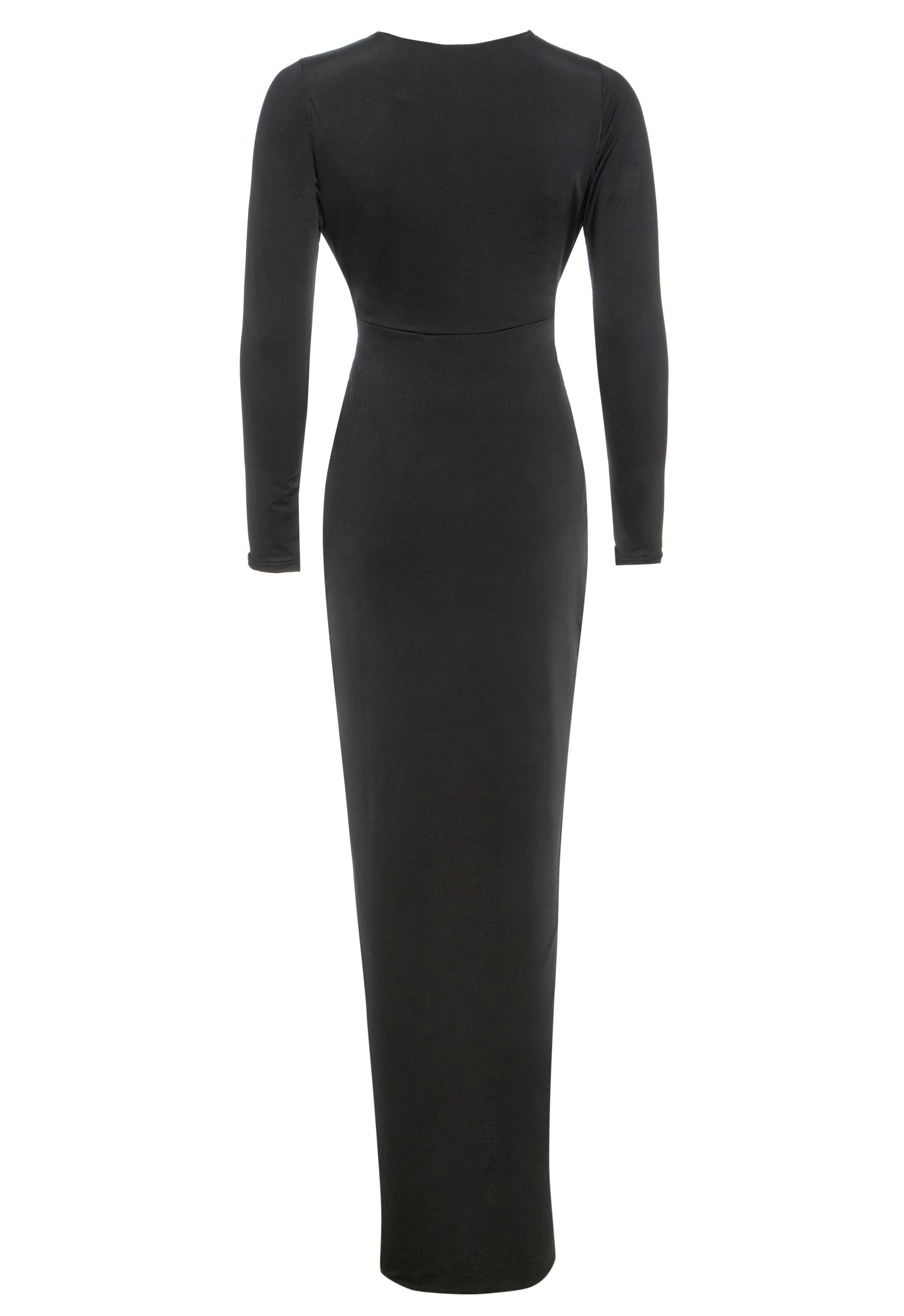 A stylish black twisted front midi dress featuring a deep plunge v-neck and thigh-high slit, perfect for elegant occasions.