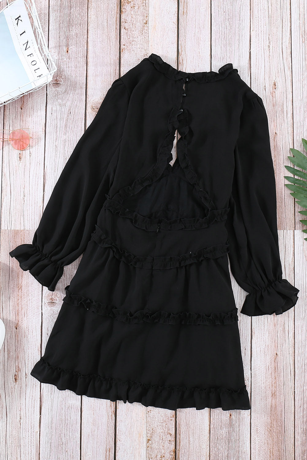 Black V Neck Ruffle Detailing Long Sleeve Open Back Dress featuring ruffles, an open back, and long sleeves, perfect for casual occasions.