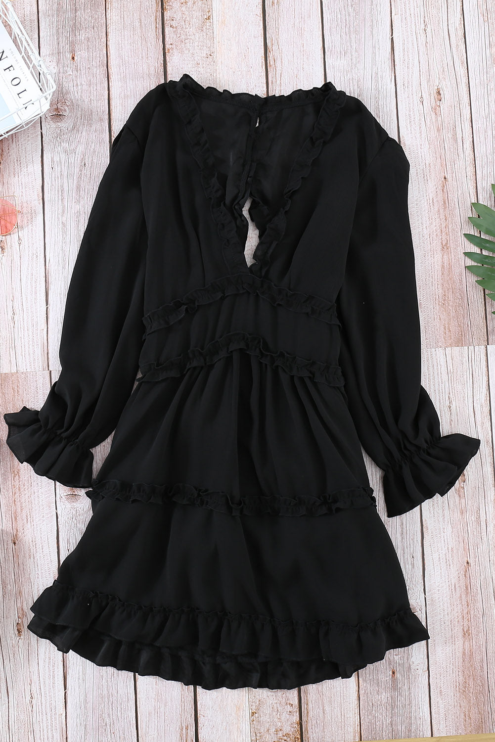 Black V Neck Ruffle Detailing Long Sleeve Open Back Dress featuring ruffles, an open back, and long sleeves, perfect for casual occasions.