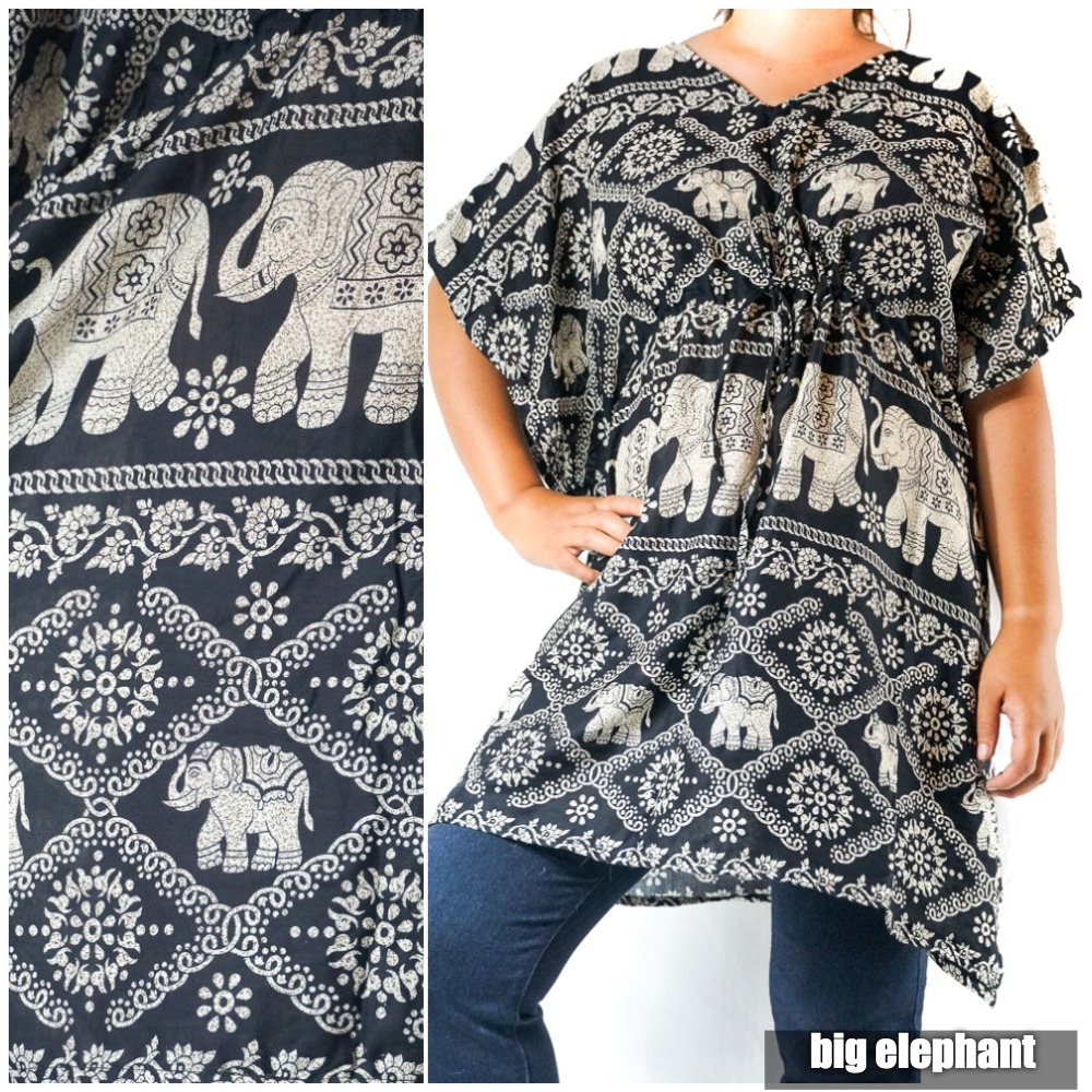 A vibrant Boho Elephant Kaftan Shirt Short Dress featuring an intricate elephant print, made from breathable rayon fabric, perfect for casual wear.